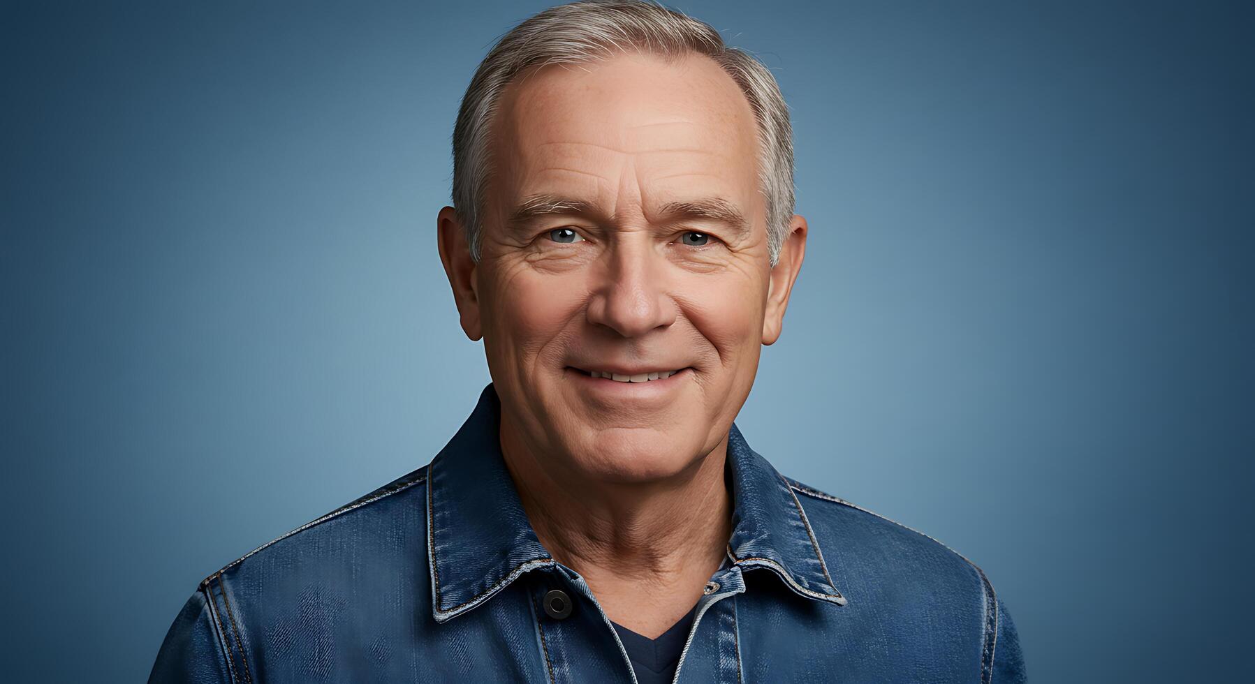 An older man in a denim shirt smiling photo