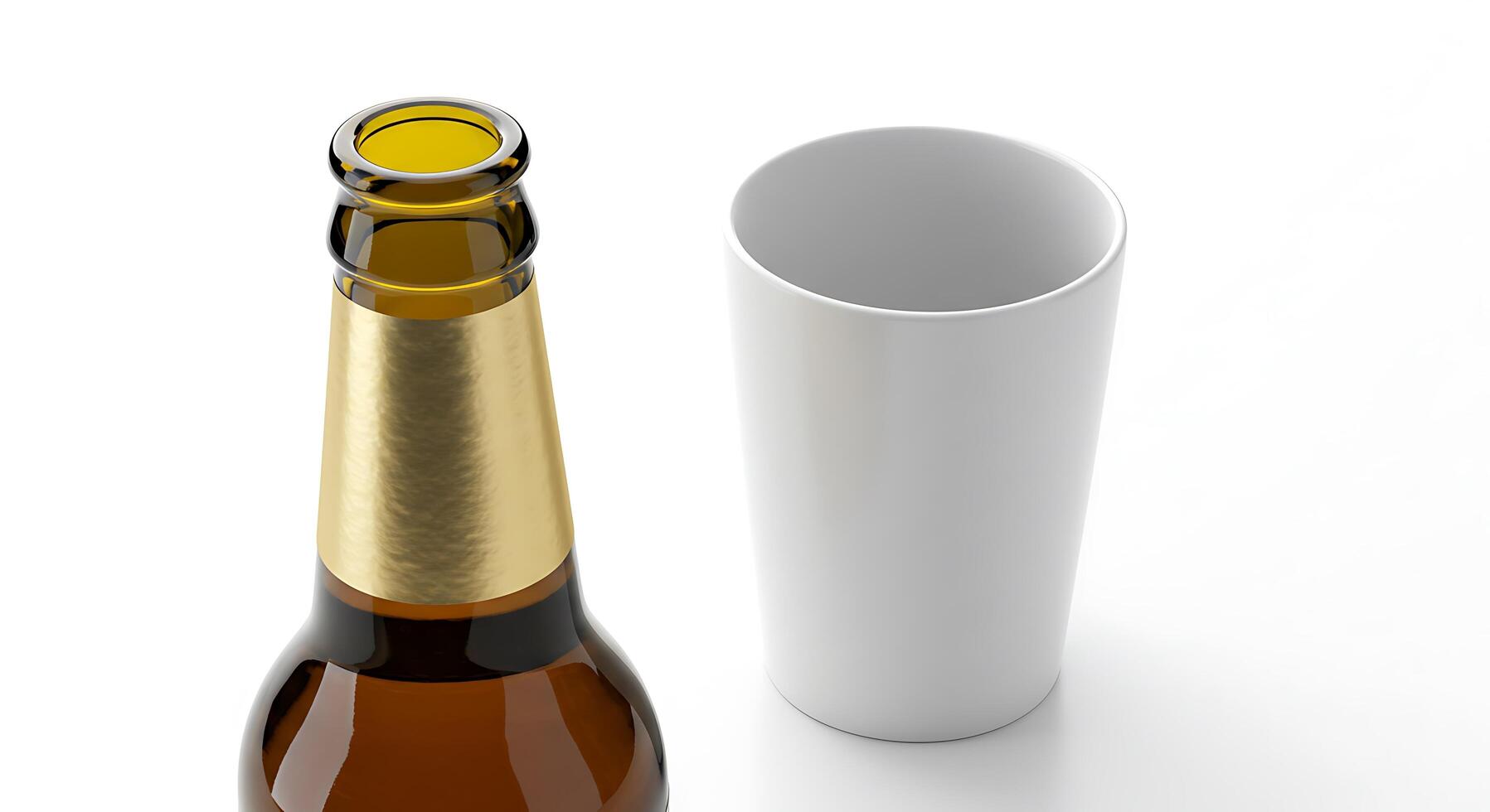 A bottle of beer next to a cup photo