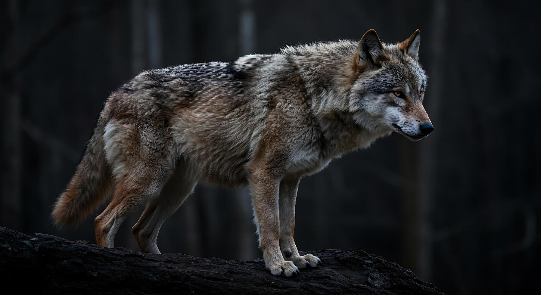 A lone wolf stands on a rock in the dark photo