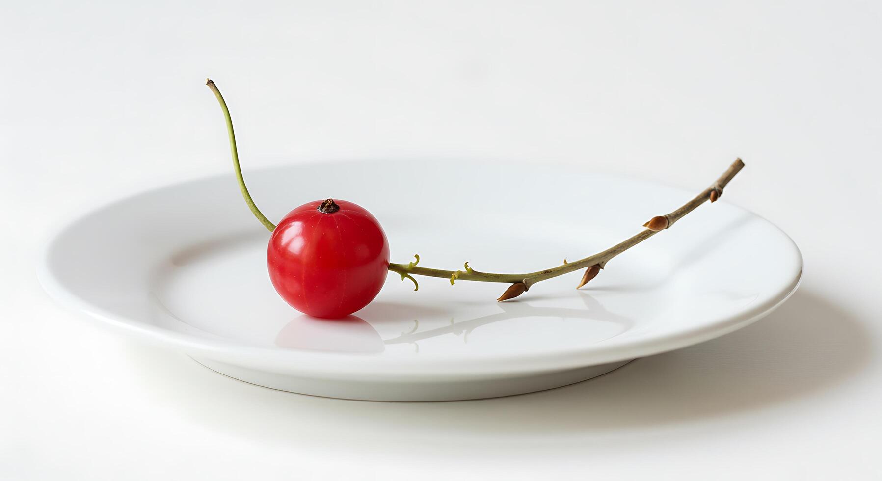 A white plate with a red cherry on it photo