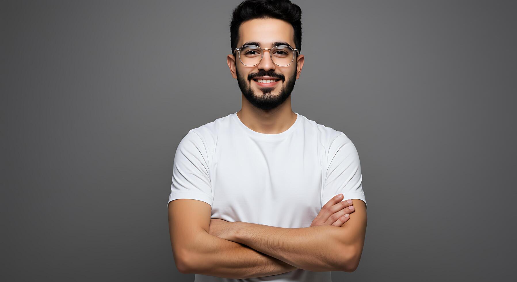 Portrait of a young man with glasses and beard standing with arms crossed on gray background photo