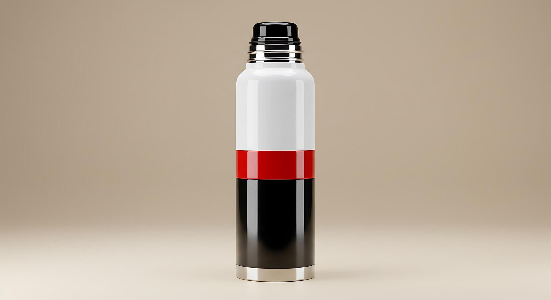A black and white water bottle with red and white stripes photo