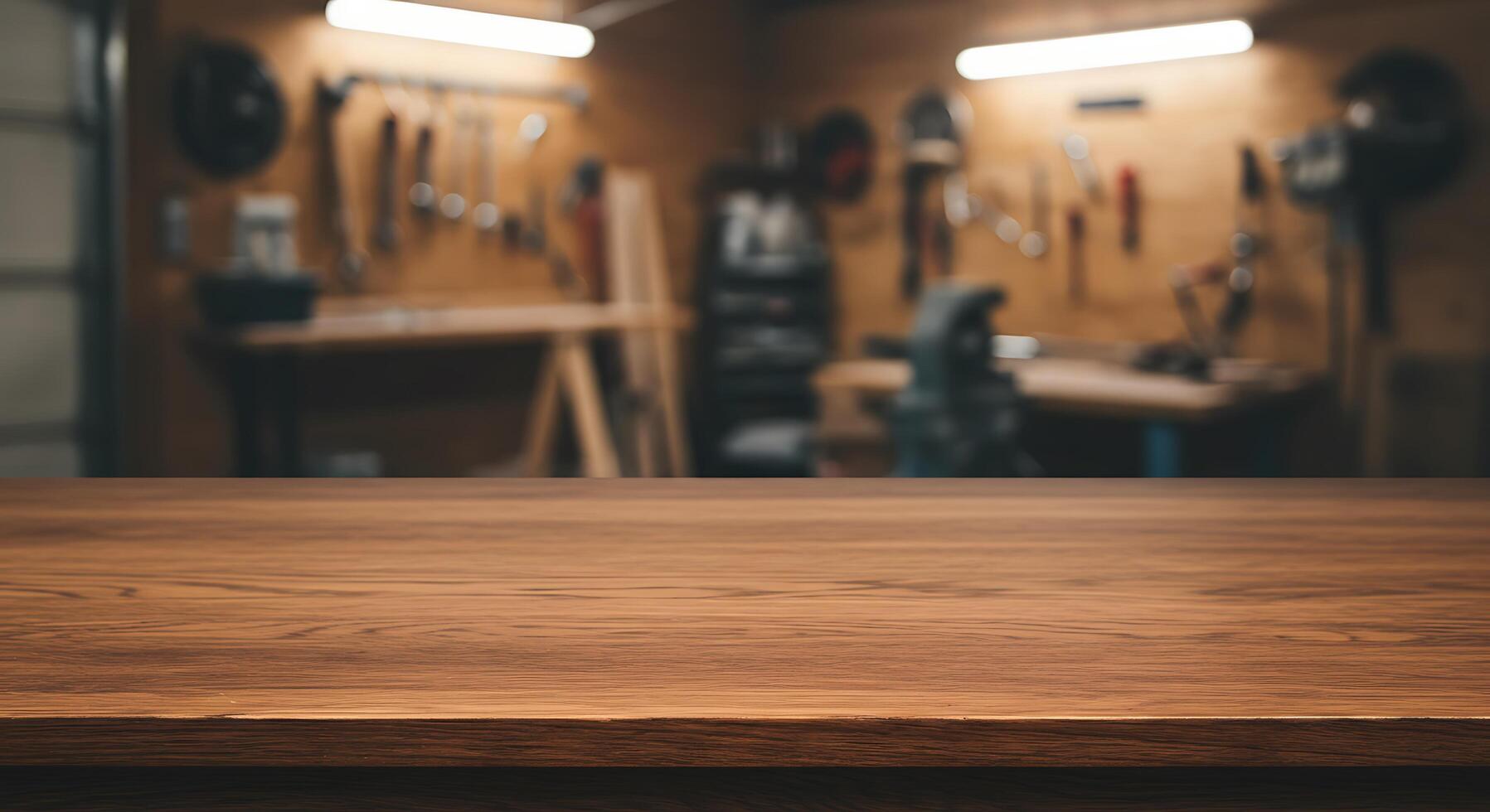 Wooden table top in a workshop with tools photo