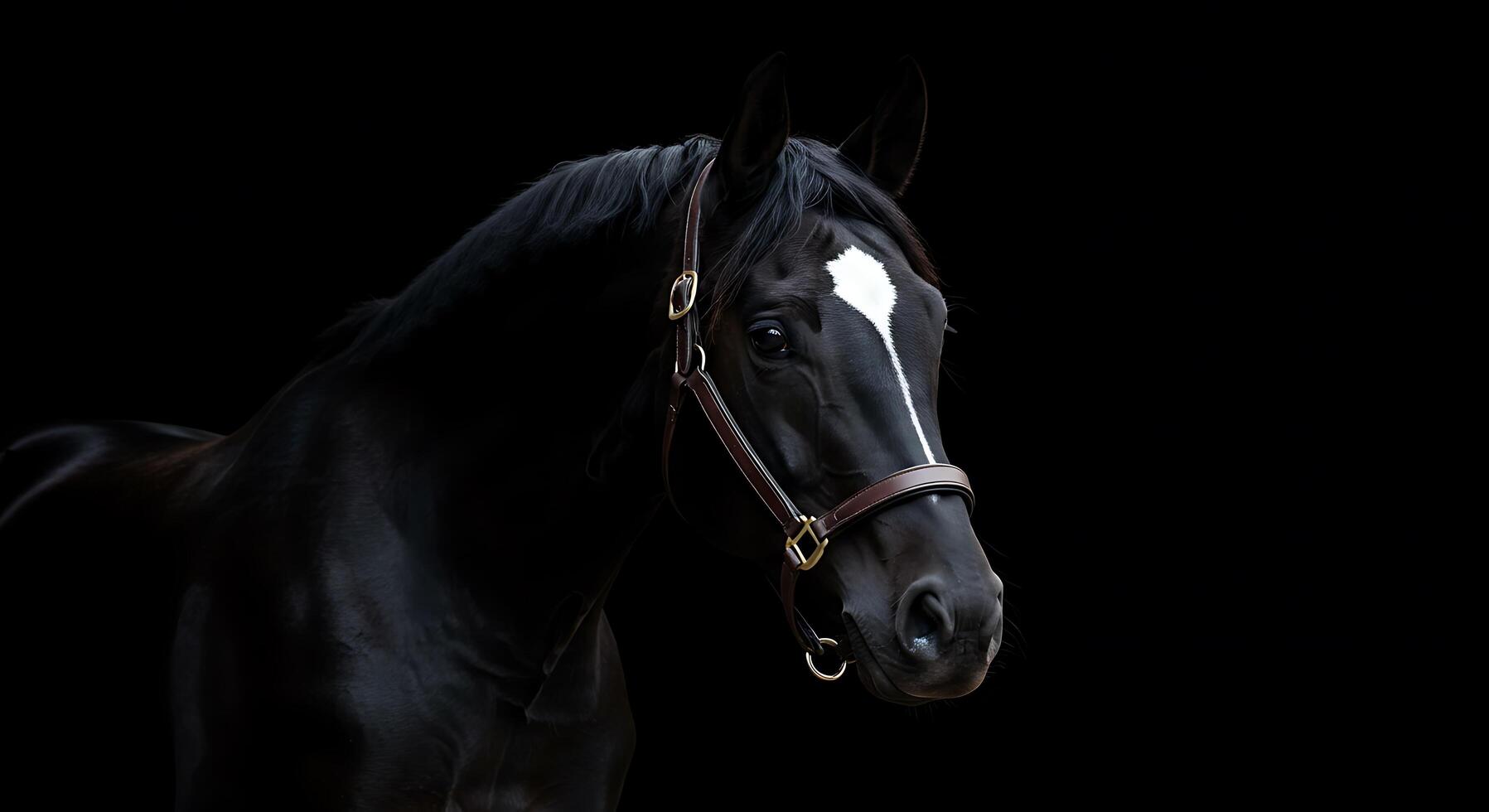 A black horse with white markings on its face photo