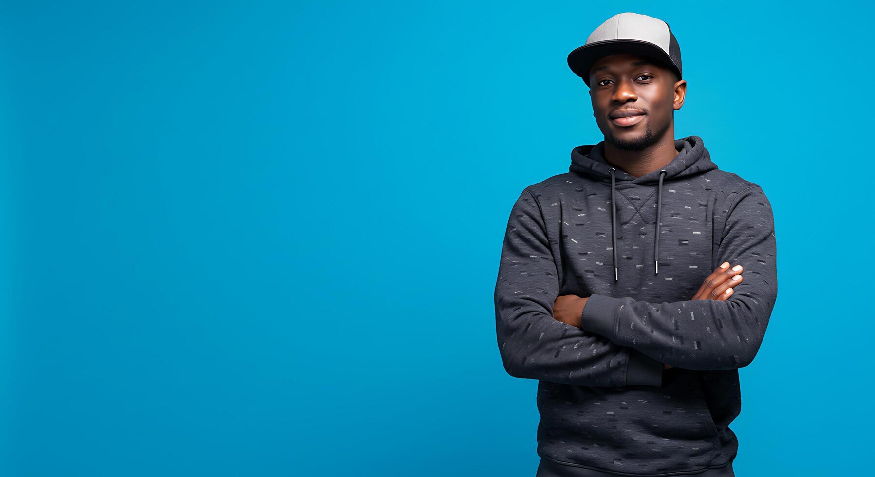 A man in a hoodie and cap standing against a blue background photo