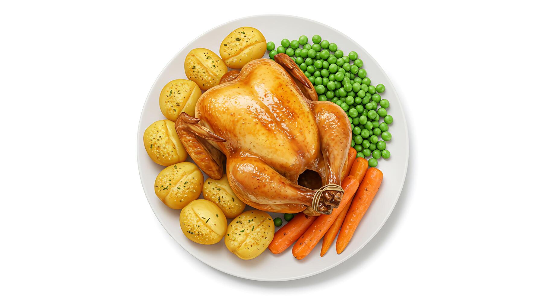 A plate with a chicken, potatoes, carrots and peas photo