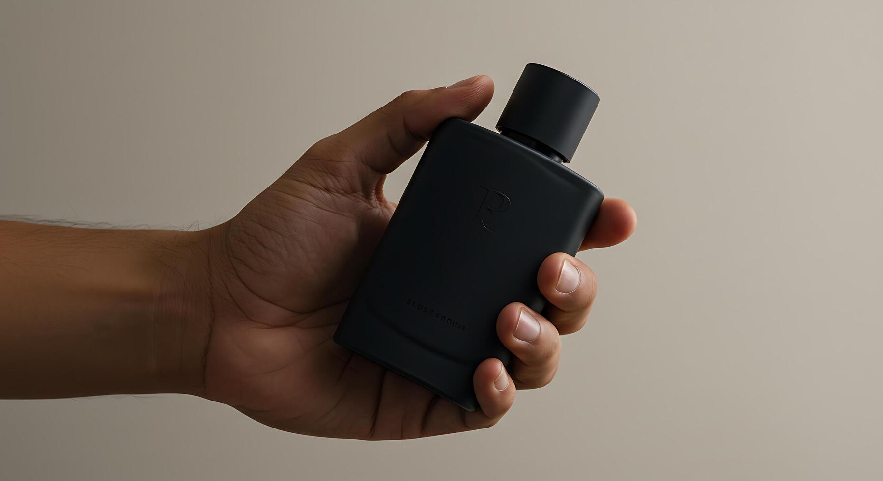 A hand holding a black bottle of cologne photo
