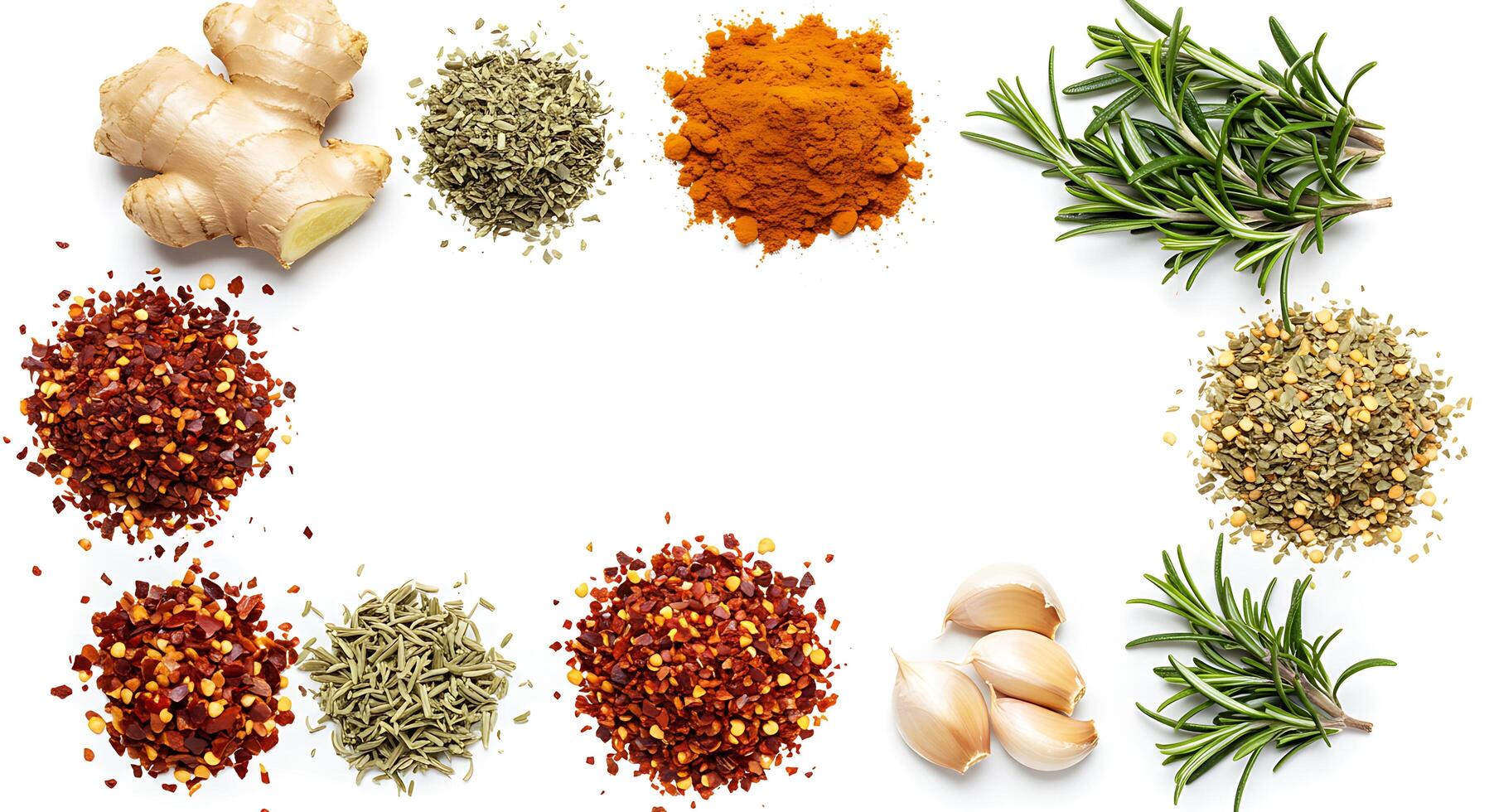 Spices and herbs arranged in a circle on a white background photo