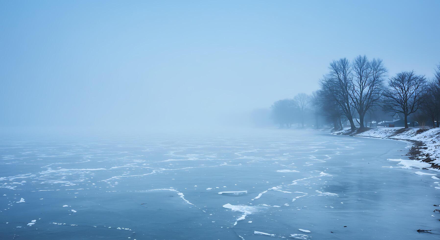 A frozen lake with trees and a foggy sky photo