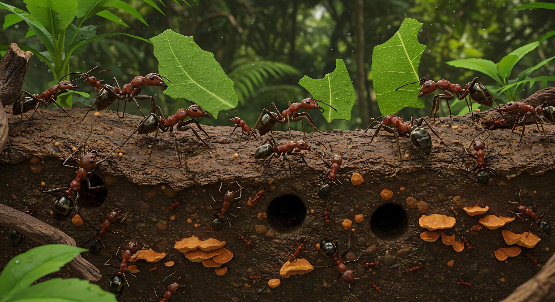A group of ants are standing on top of a tree photo