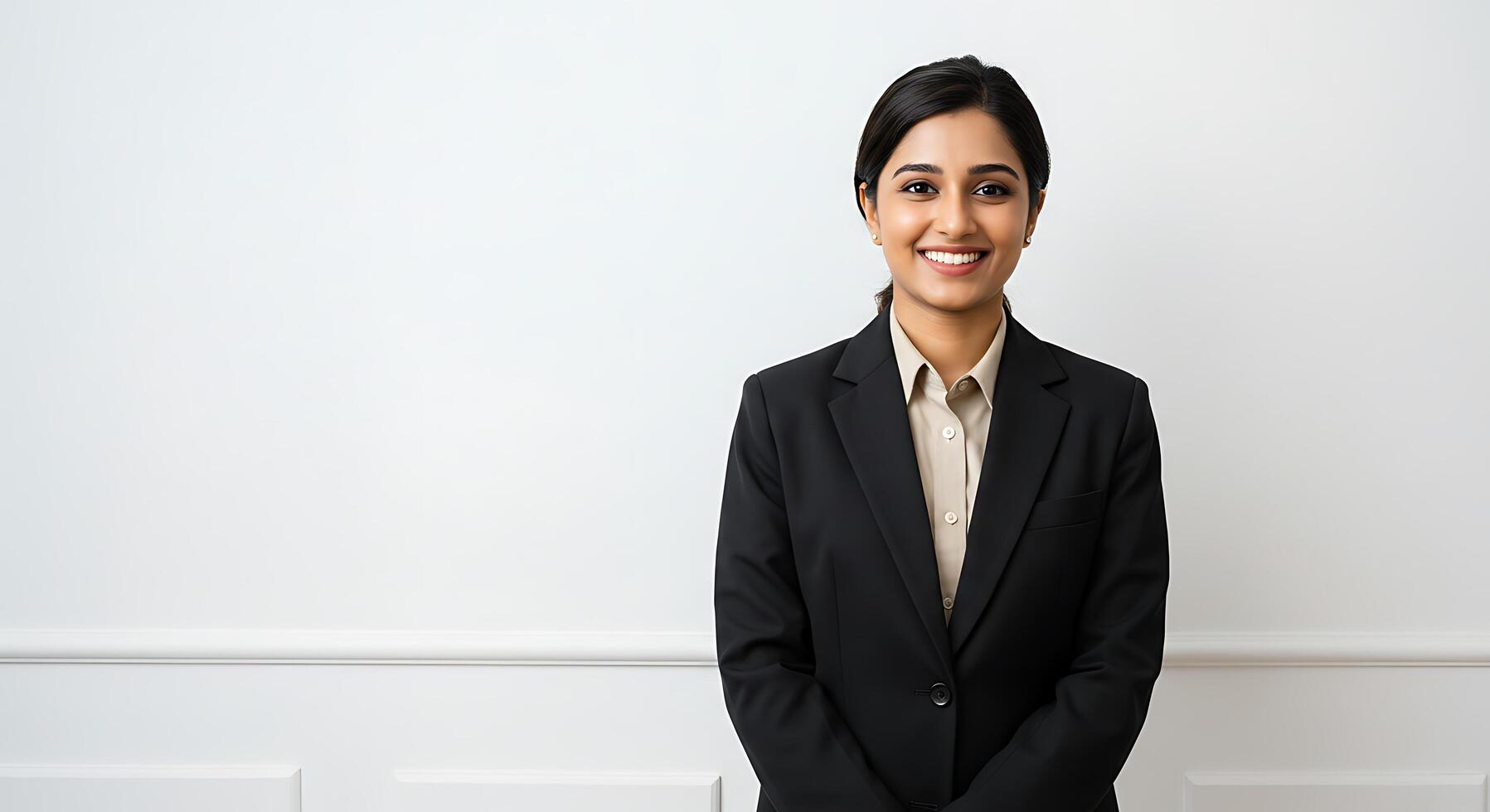 A woman in a business suit standing in front of a white wall photo