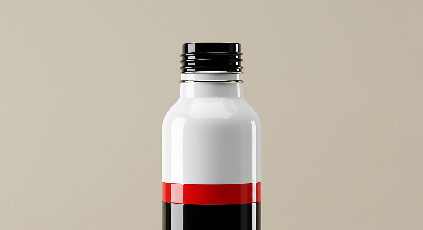 A bottle with a red and black stripe photo