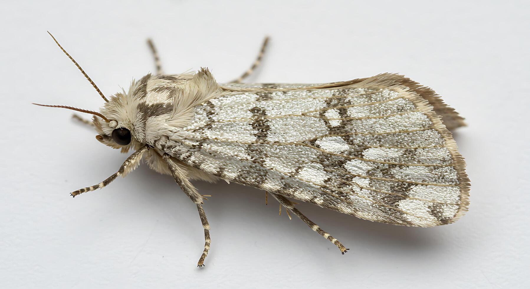 A white and gray moth on a white surface photo