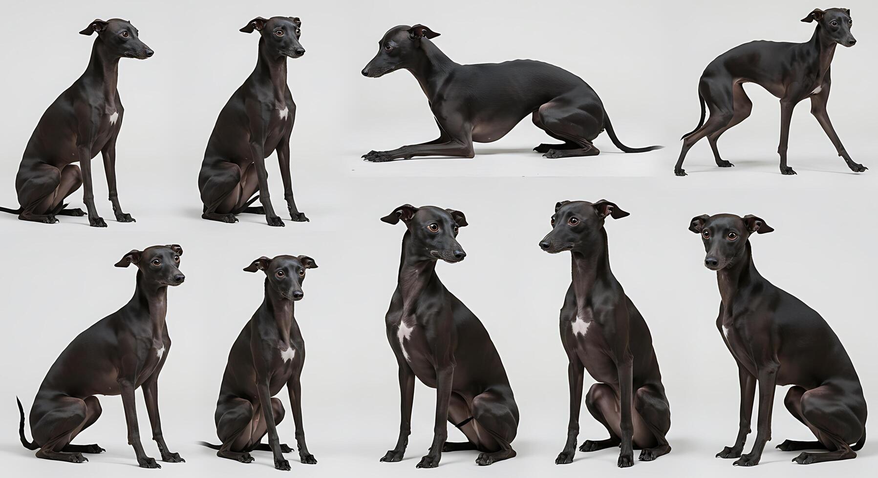 A set of black dogs sitting in different poses photo