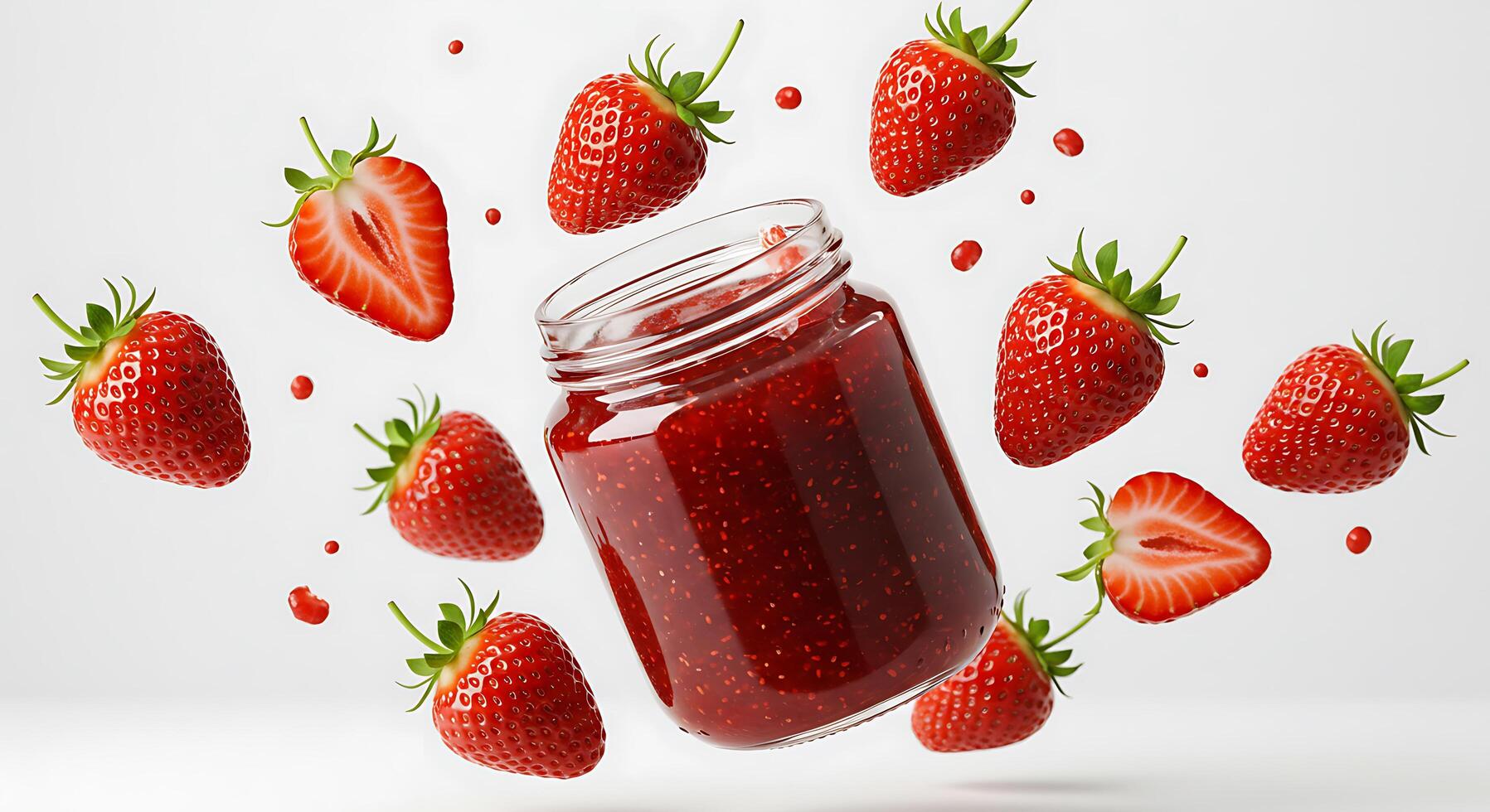 A jar of strawberry jam is surrounded by strawberries photo