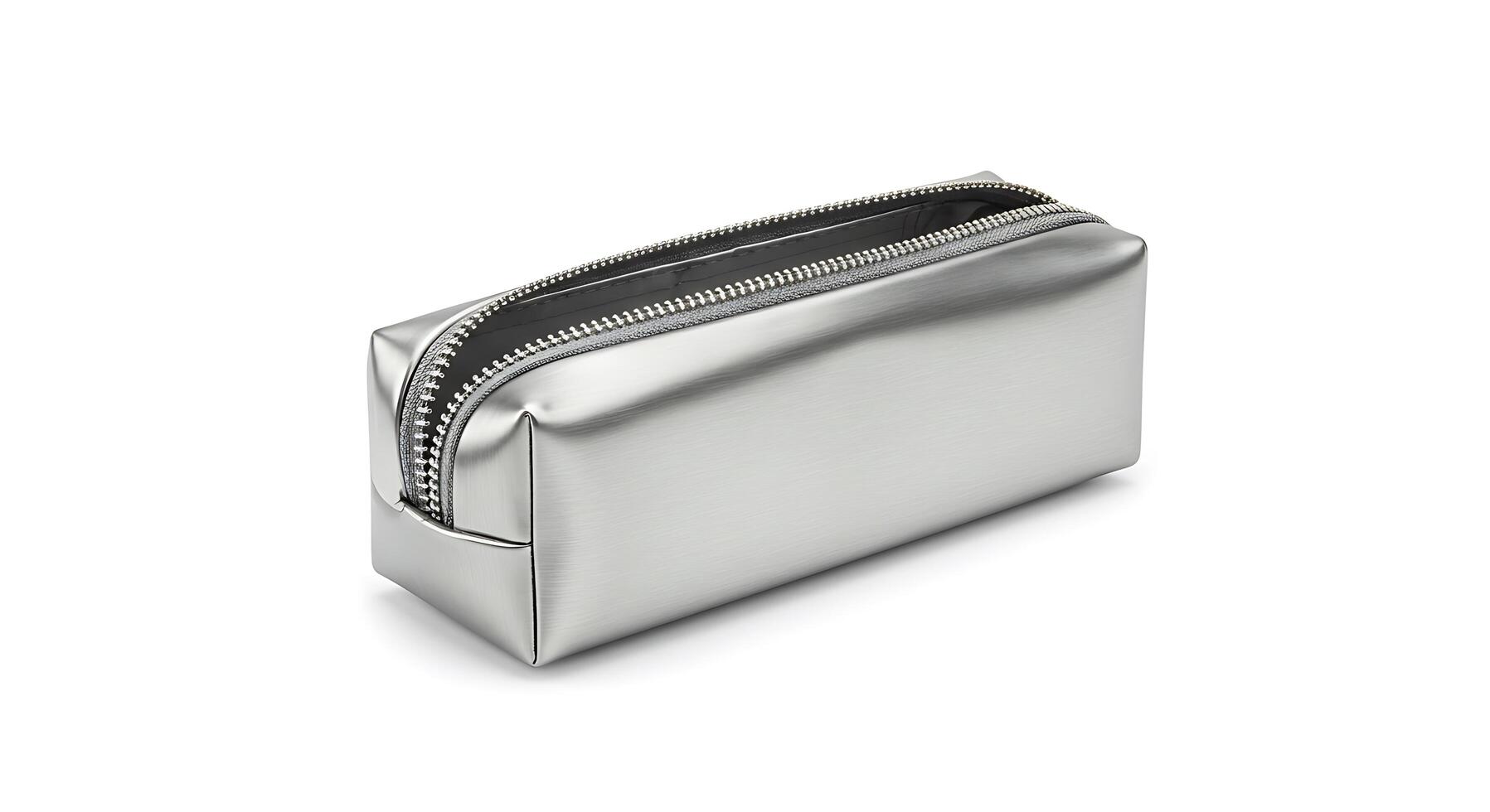 A silver cosmetic bag with zipper on the side photo