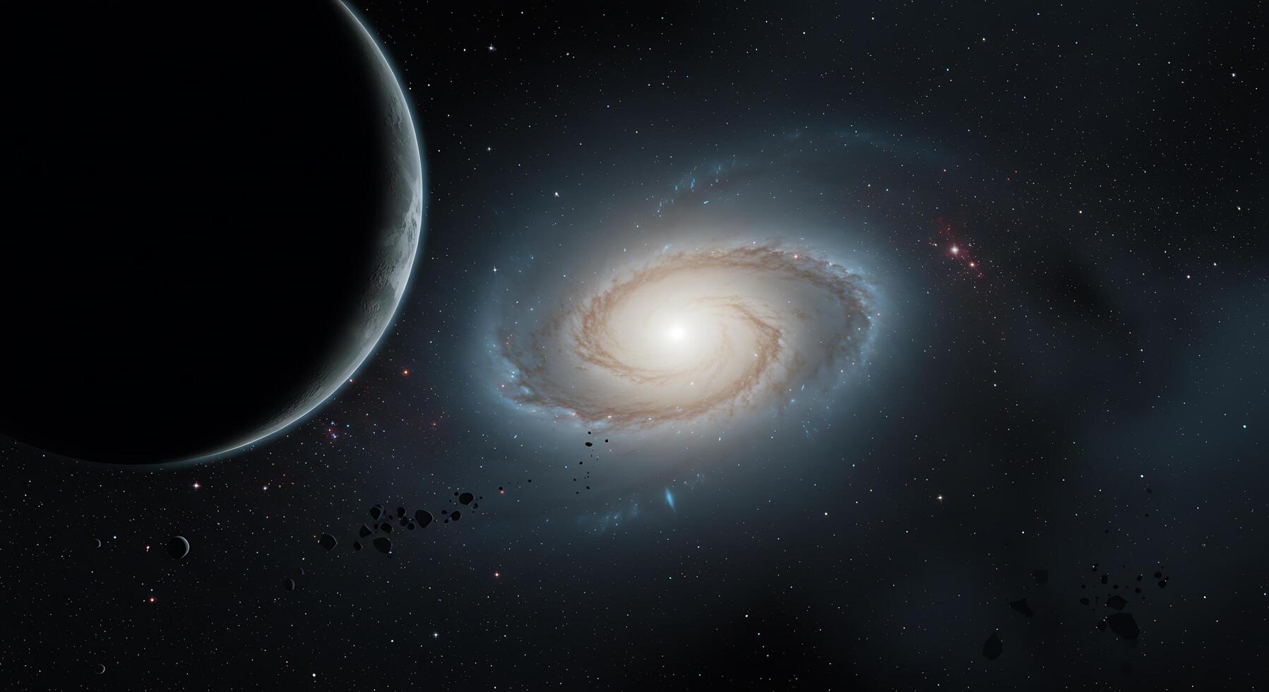 An artist's impression of a spiral galaxy and a planet photo