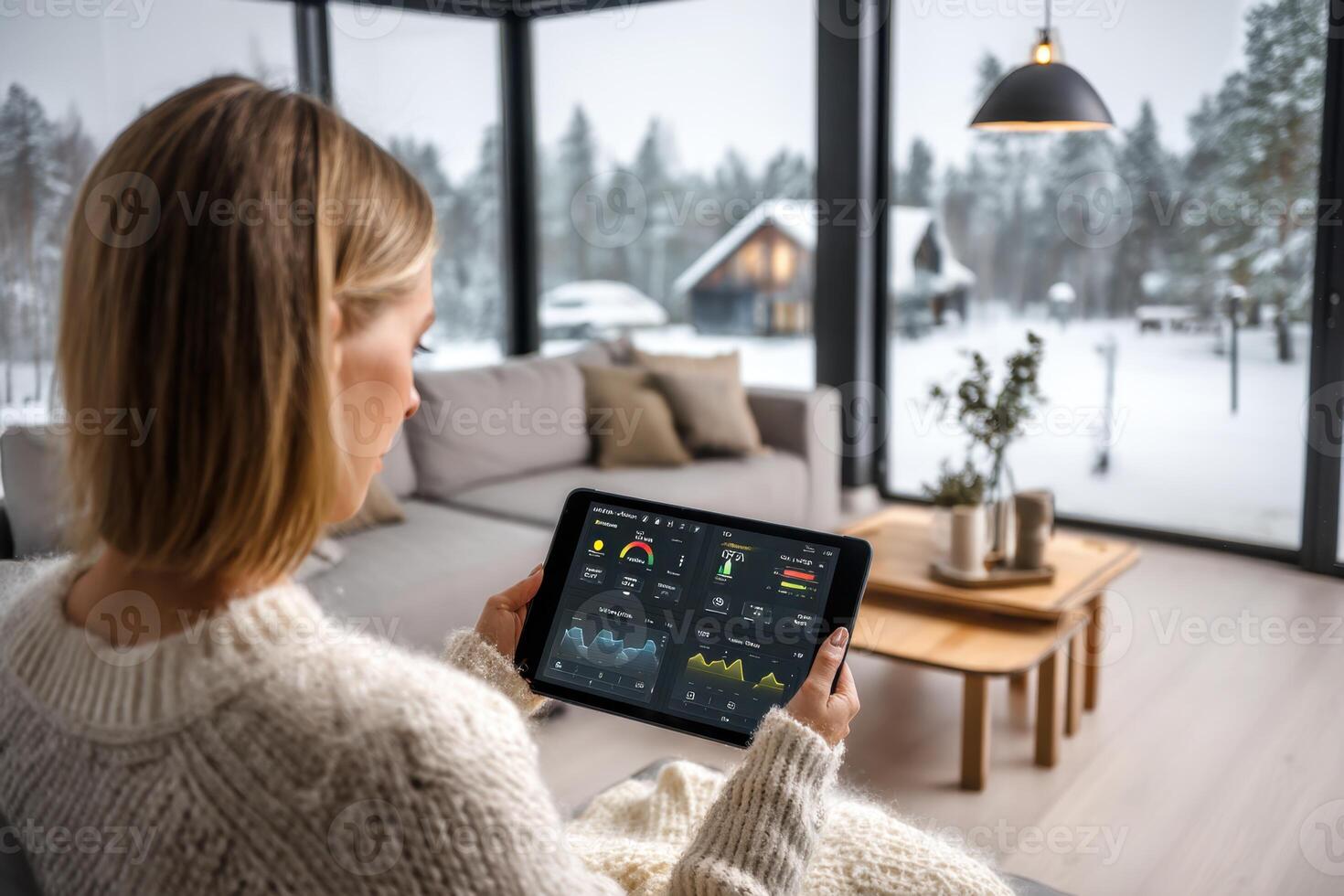 Smart Home Technology Connecting Woman to the Outside Winter Wonderland Through Display photo