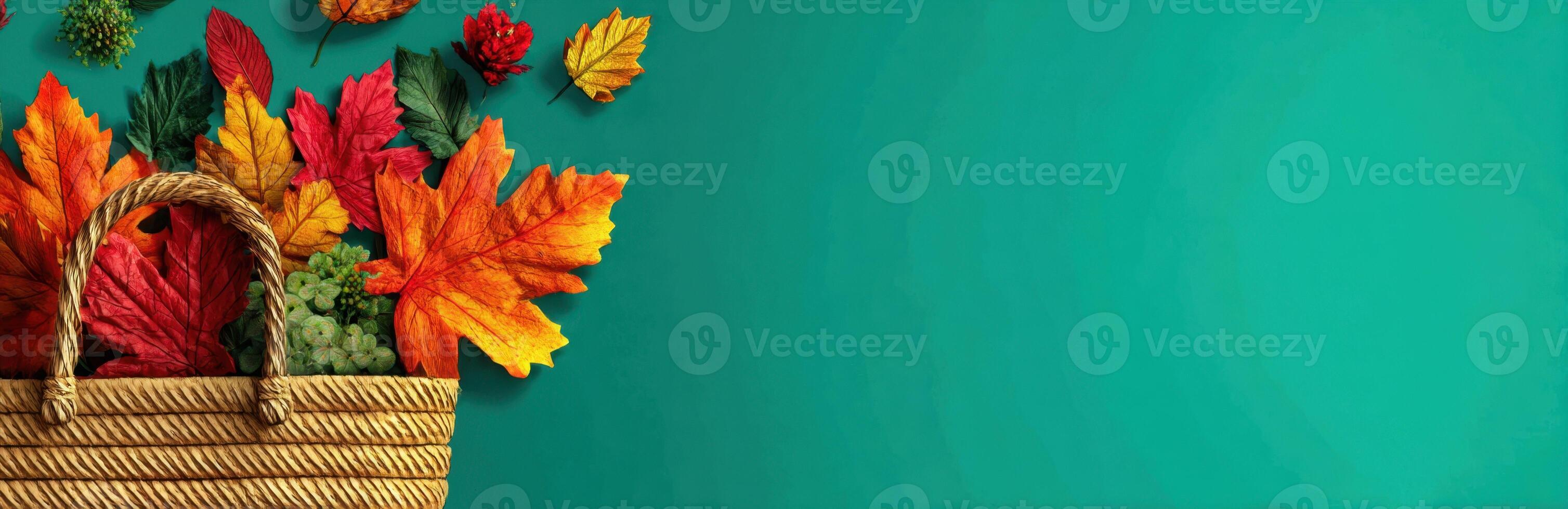 Basket Filled with Colorful Autumn Leaves on Turquoise Background as Banner photo