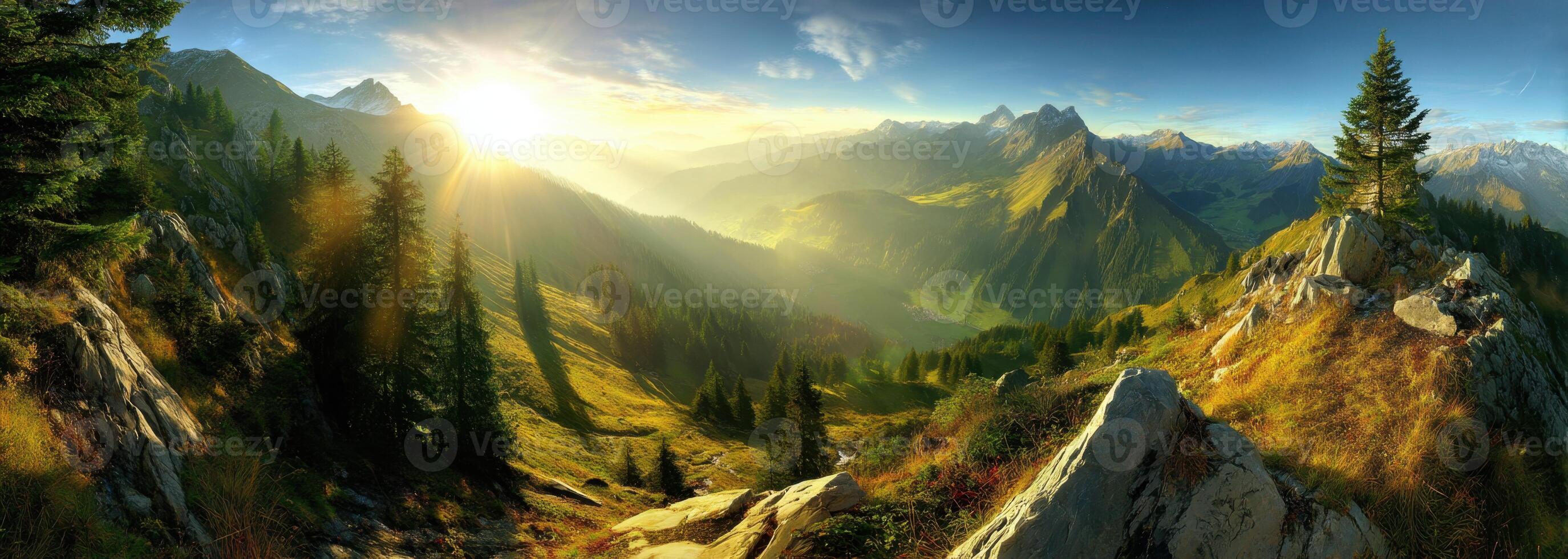 Peaceful Valley with Sunlit Mountain Peaks and Scenic Evergreen Trees Landscape photo