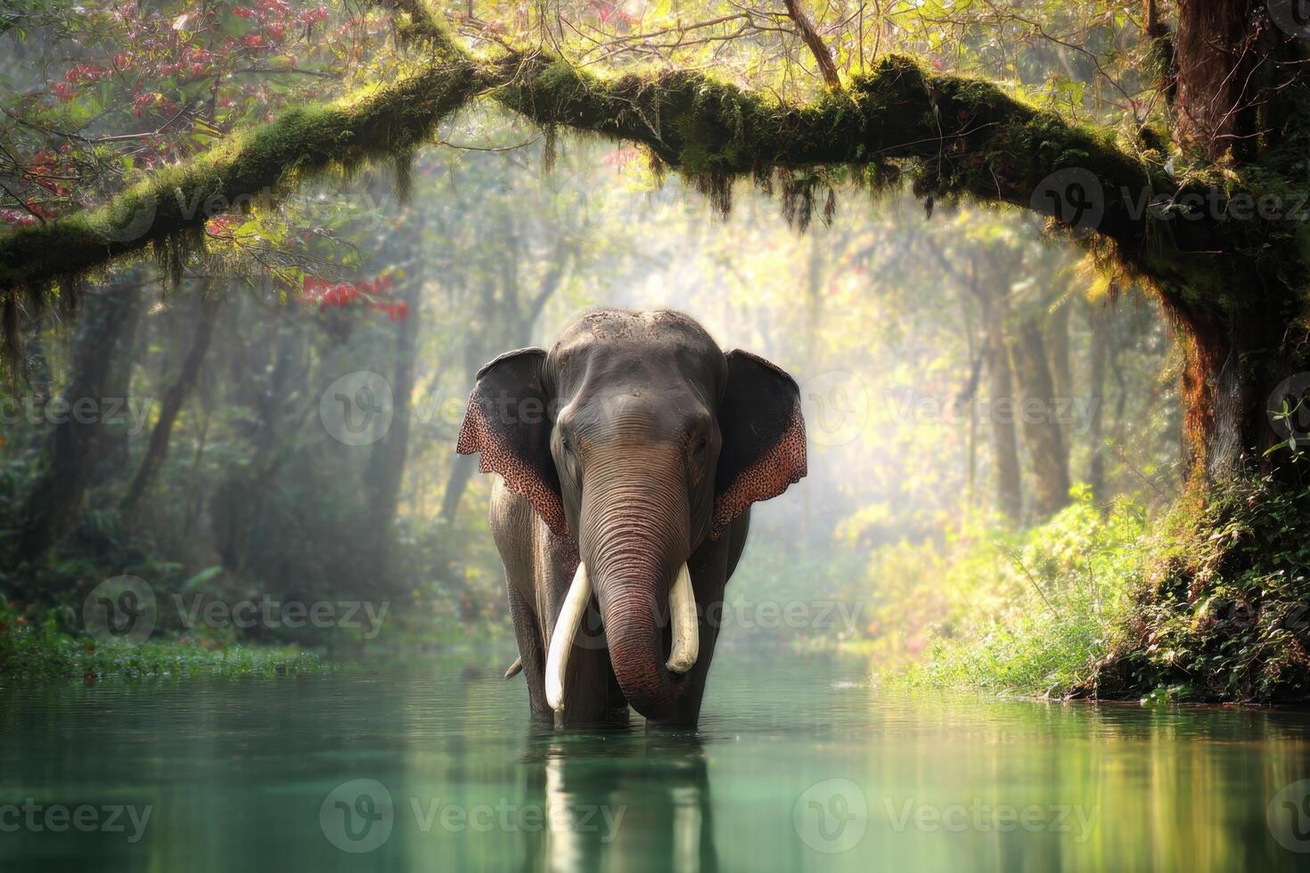 Majestic Elephant Standing in Serene River Surrounded by Lush Green Forest Trees photo