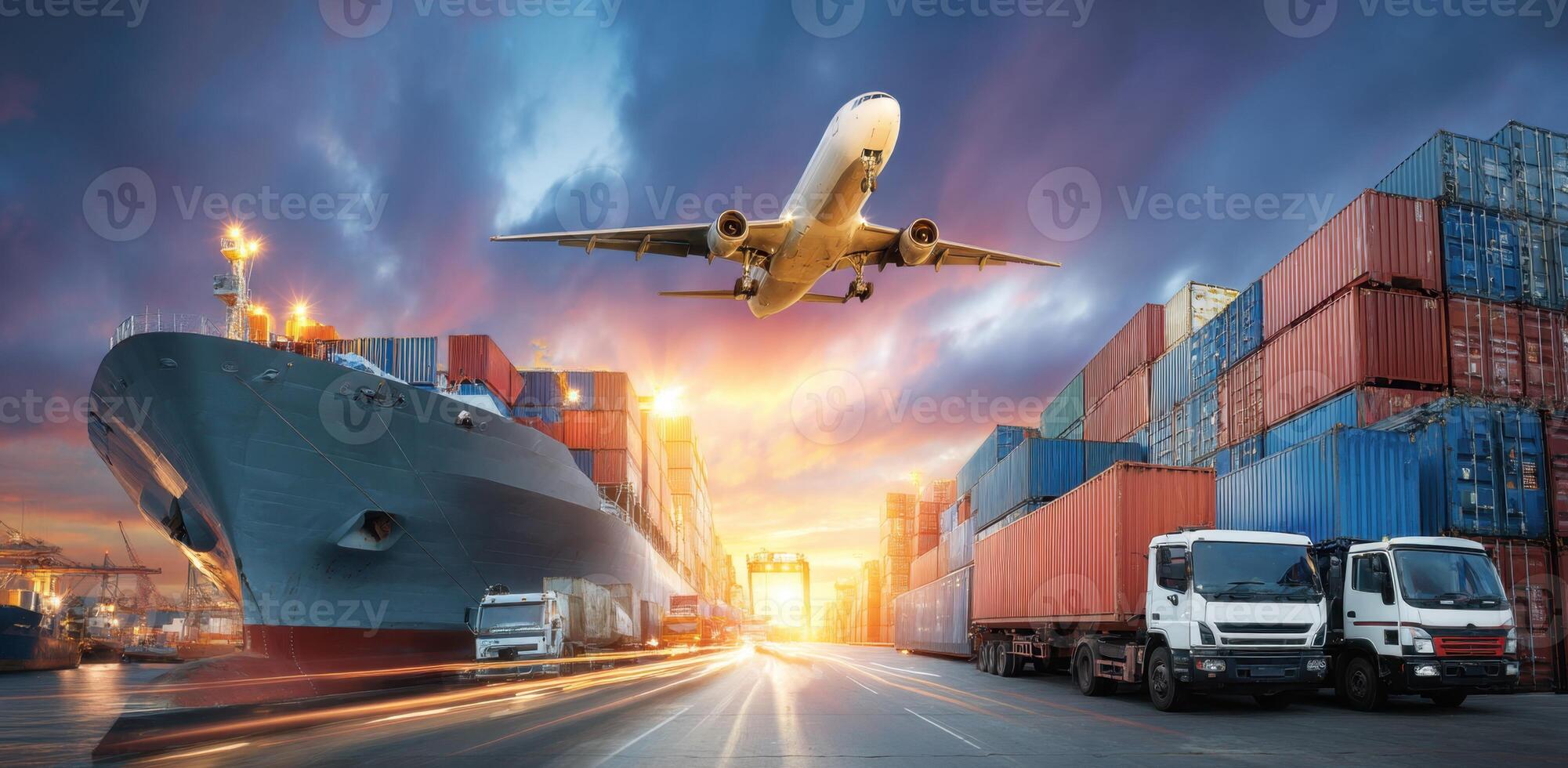Global Logistics and Transportation Network Showing Ship Airplane and Trucks Under Beautiful Sunset Light photo