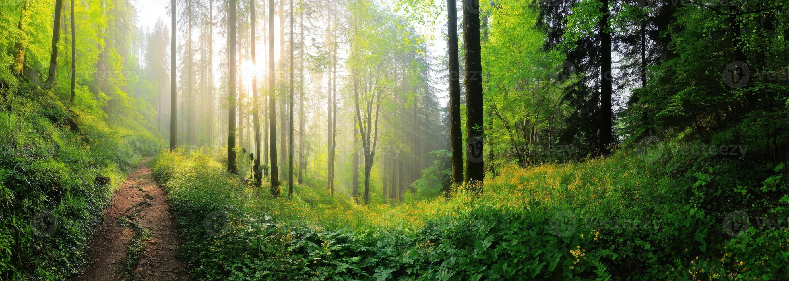 Sunlight Through Tall Trees in a Lush Green Forest Landscape Scenery View photo