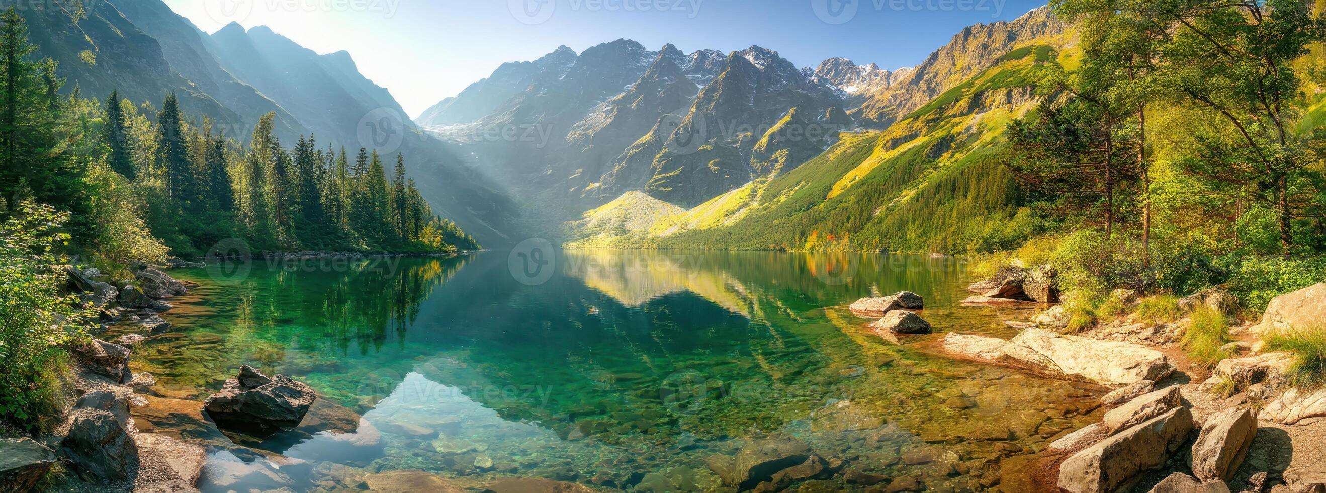 Reflections on a Calm Lake Surrounded by Majestic Mountains and Forest Scenery photo