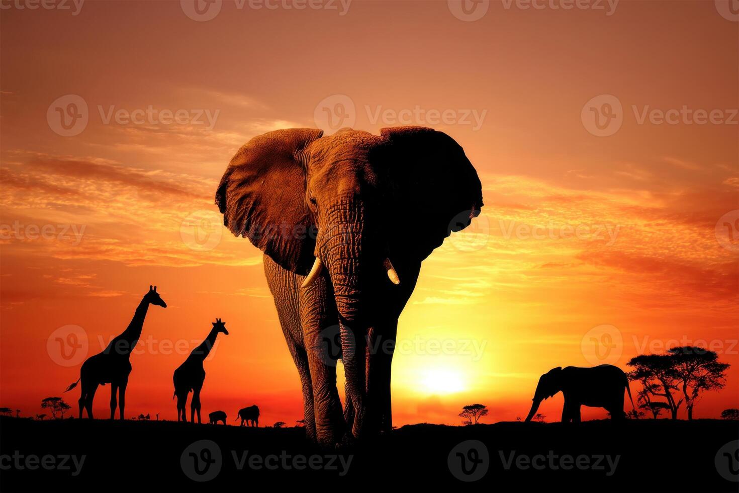 Wildlife of the African Savannah Majestic Elephants and Graceful Giraffes at Sunset photo