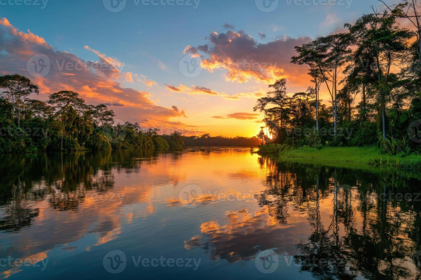 Exploring the Untouched Beauty of the Amazon Rainforest and its River at Sunset photo