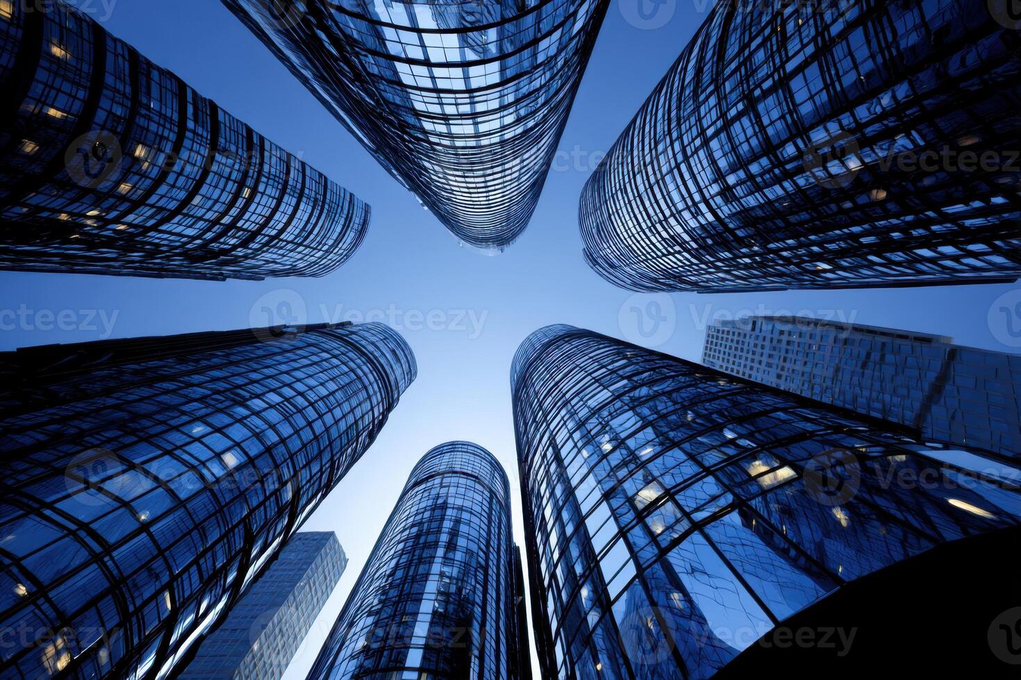 View from Below Tall Modern Office Buildings with Blue Glass Windows Reflecting Sky photo