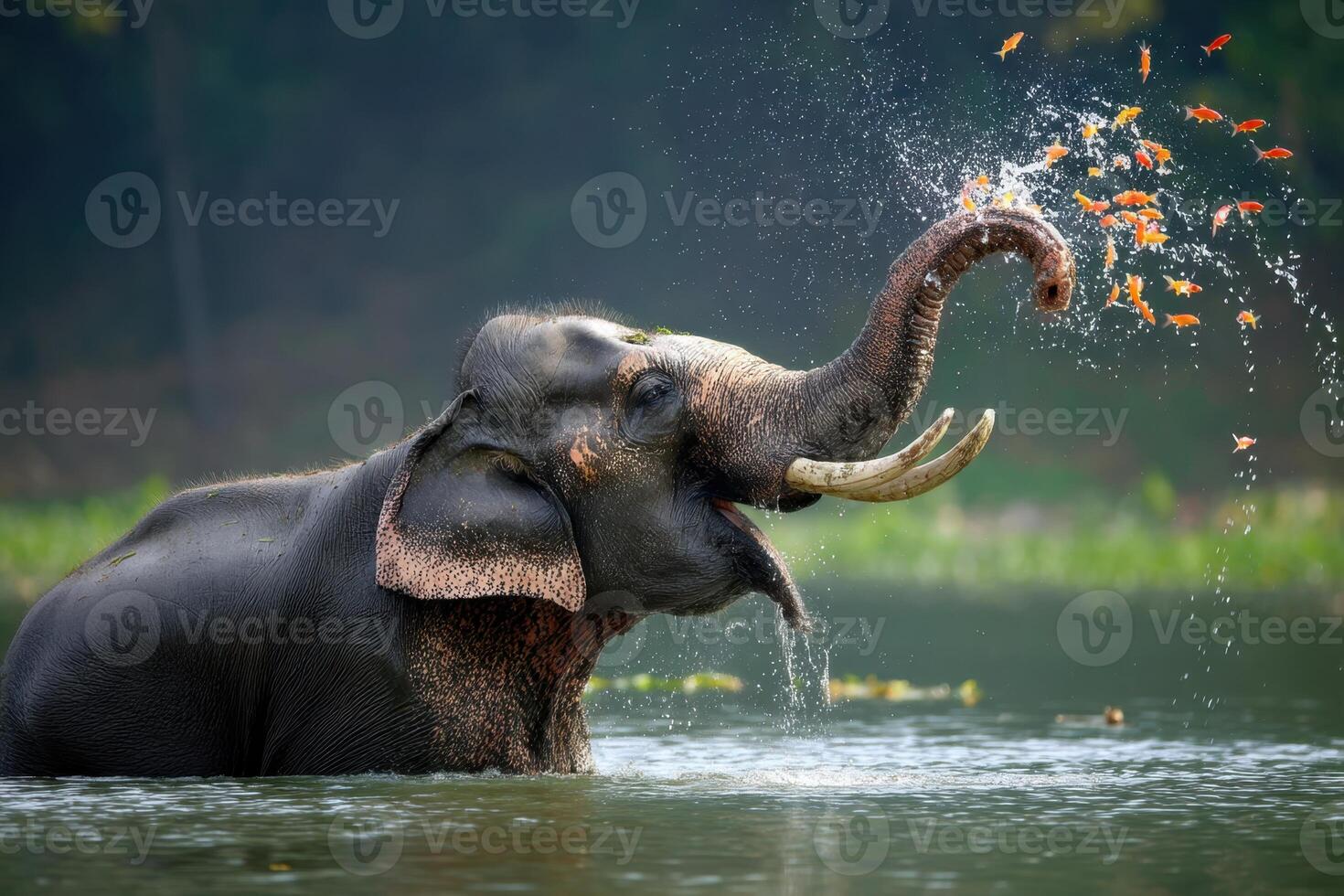 Majestic Elephant Bathing in Waterhole Splashing Around A Wildlife Paradise Scene photo