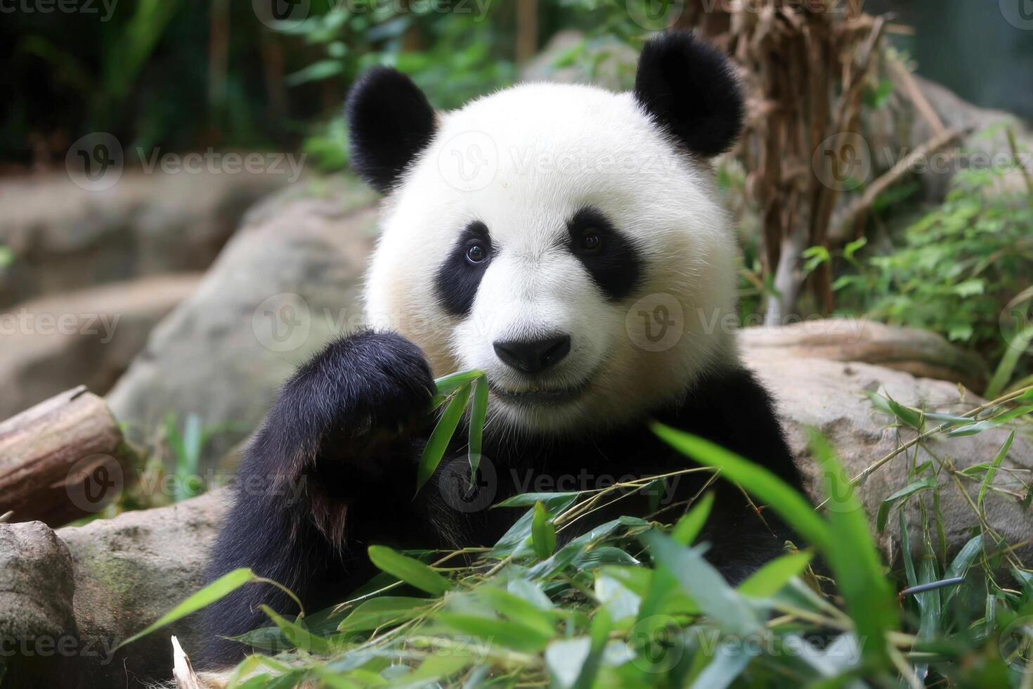 The Adorable Panda Consuming Its Greens In A Peaceful And Serene Jungle photo