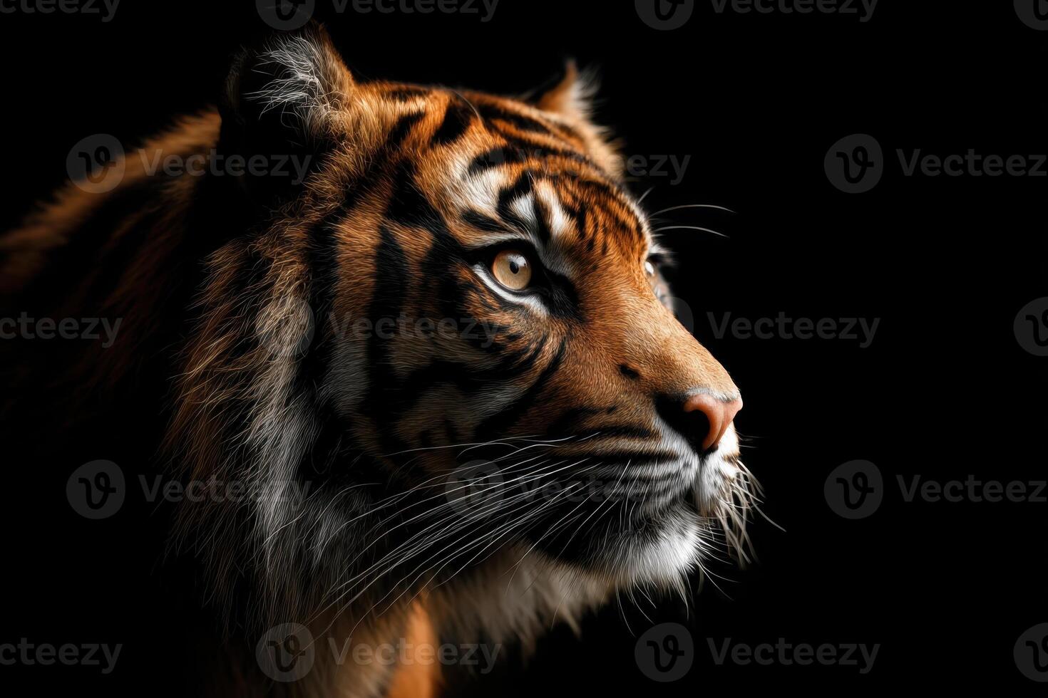 Majestic Tiger Profile Dark Background Stunning Wildlife Photography Detailed Close Up Shot photo
