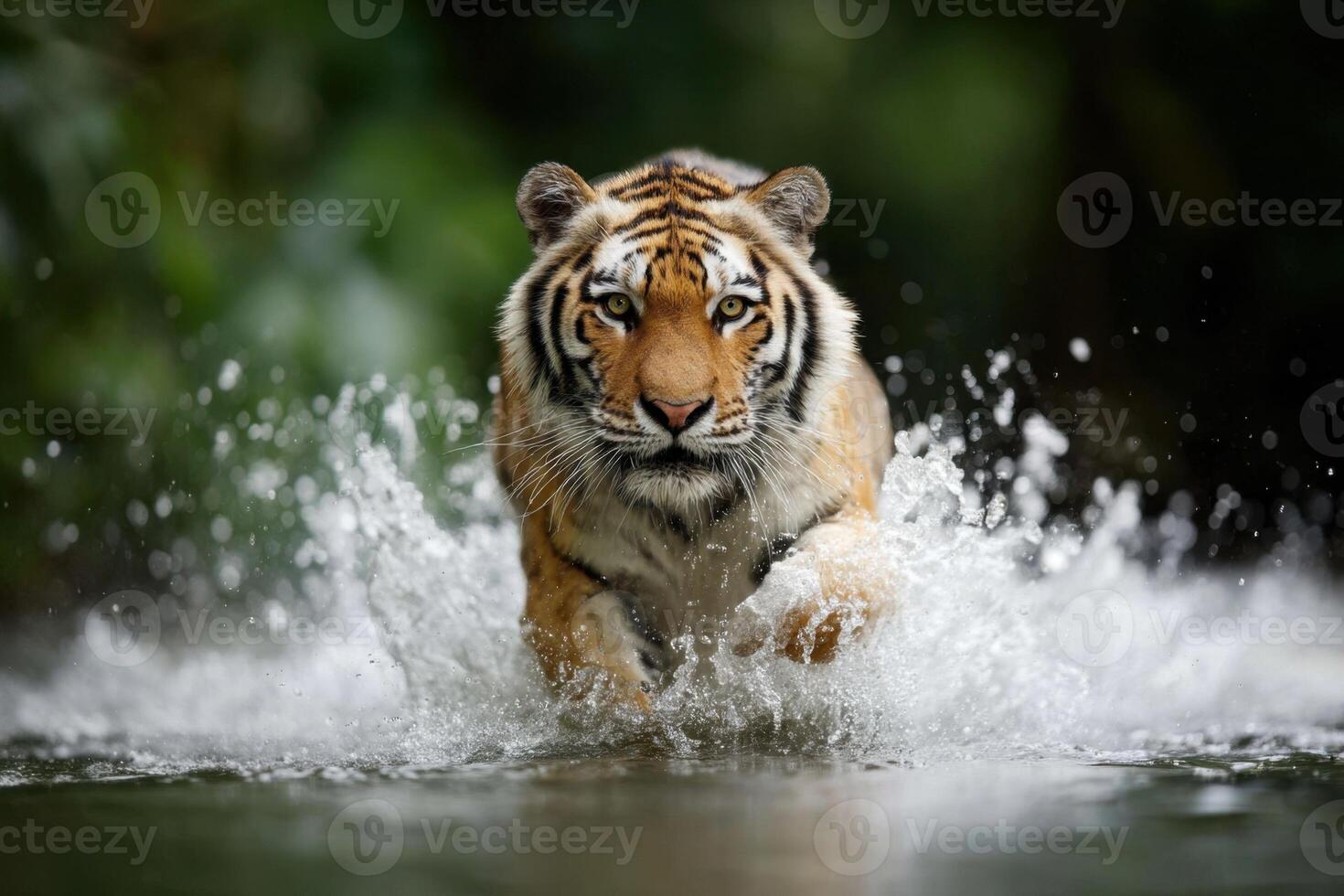 Majestic Tiger Splashing Through Water a Powerful Display of Nature's Beauty photo