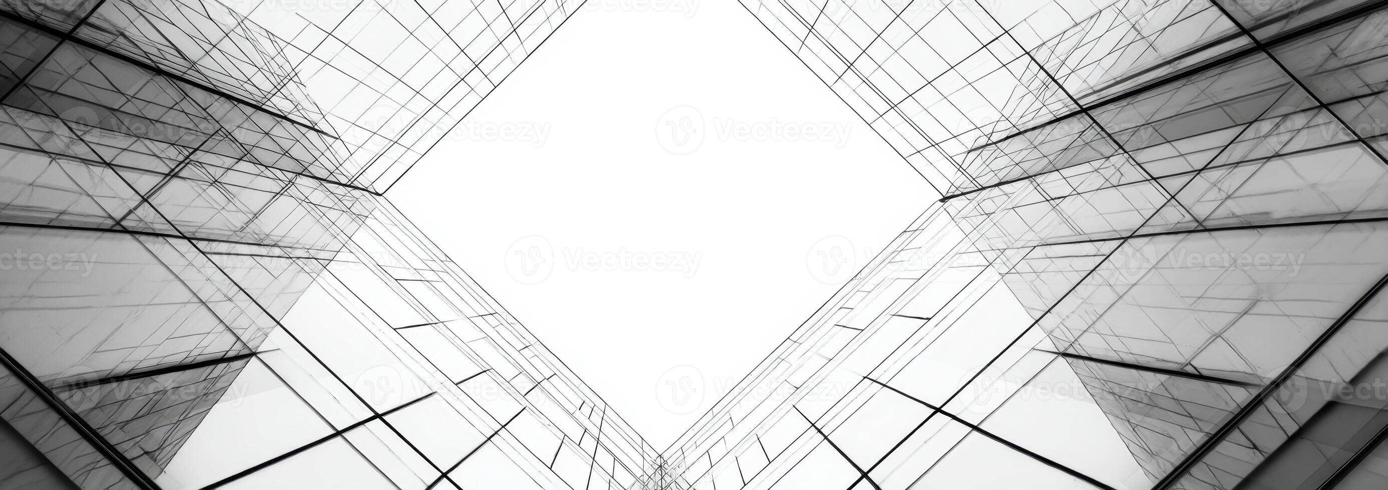 Abstract Architectural Design Perspective with Clear Sky Above Glass Buildings Structure photo