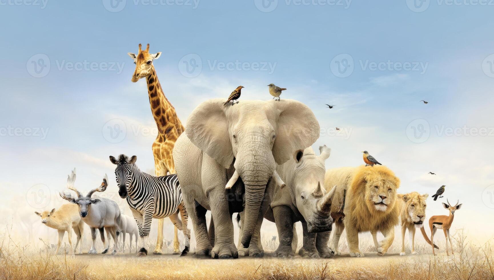 A Group of Diverse Wildlife Animals Standing Together in the African Plains Habitat photo