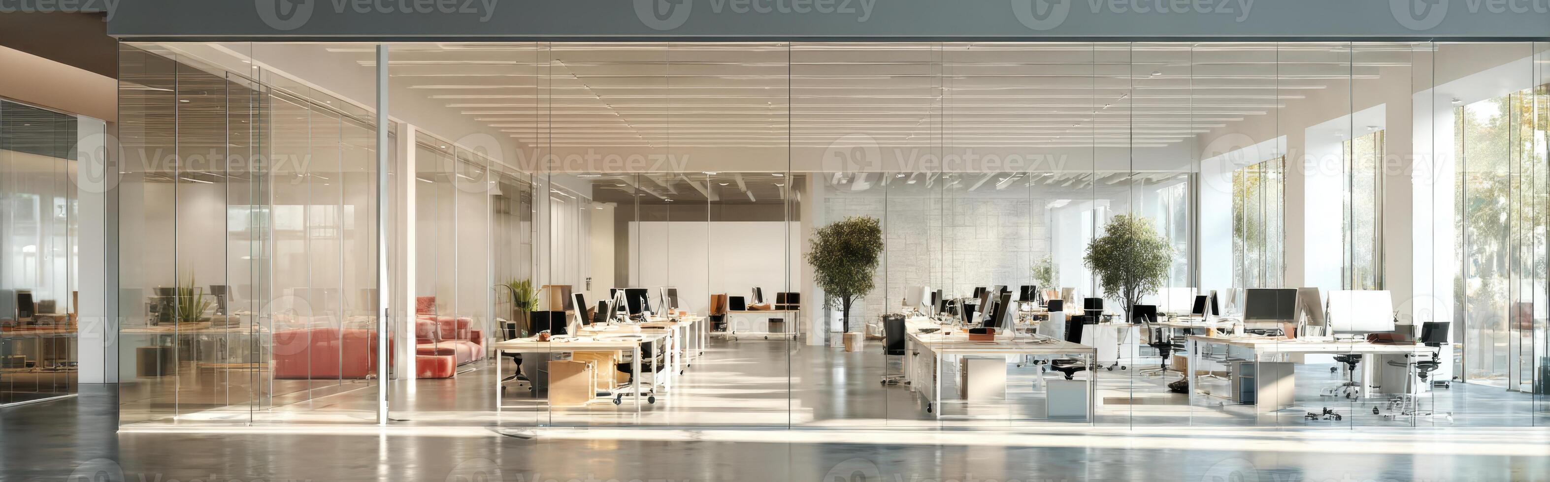 Modern and Bright Open Office Space with Glass Walls and Minimalist Decor photo