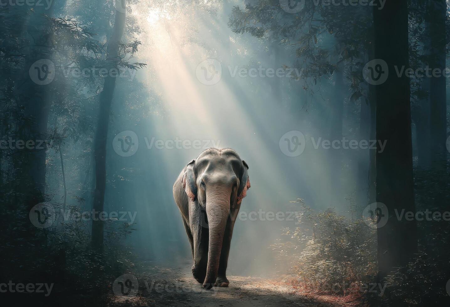 An Elephant Walks Through a Forest With Sunlight Shining From Above photo