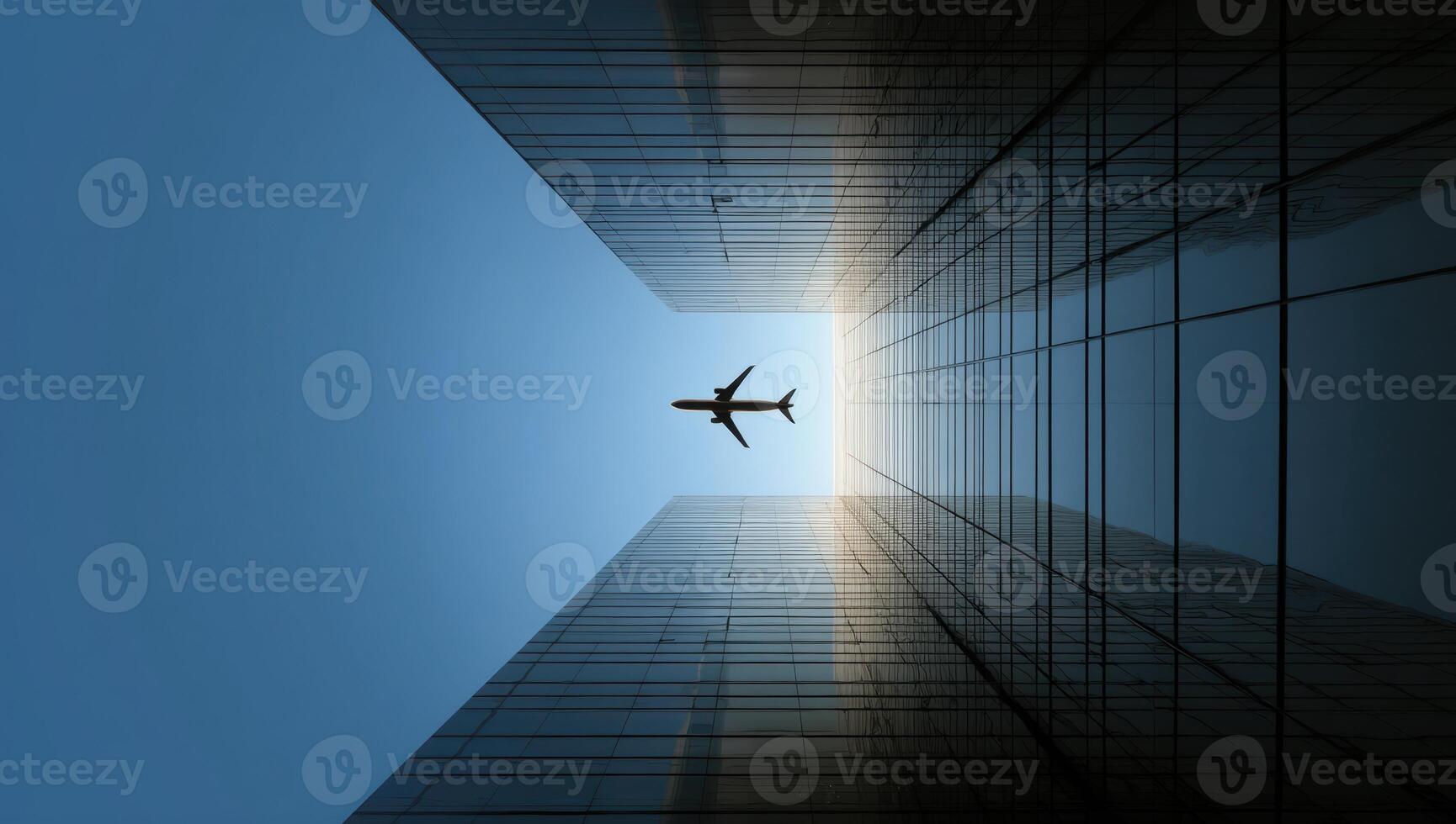 Looking Up at Airplane Flying Over Skyscrapers Reaching Towards the Sky photo