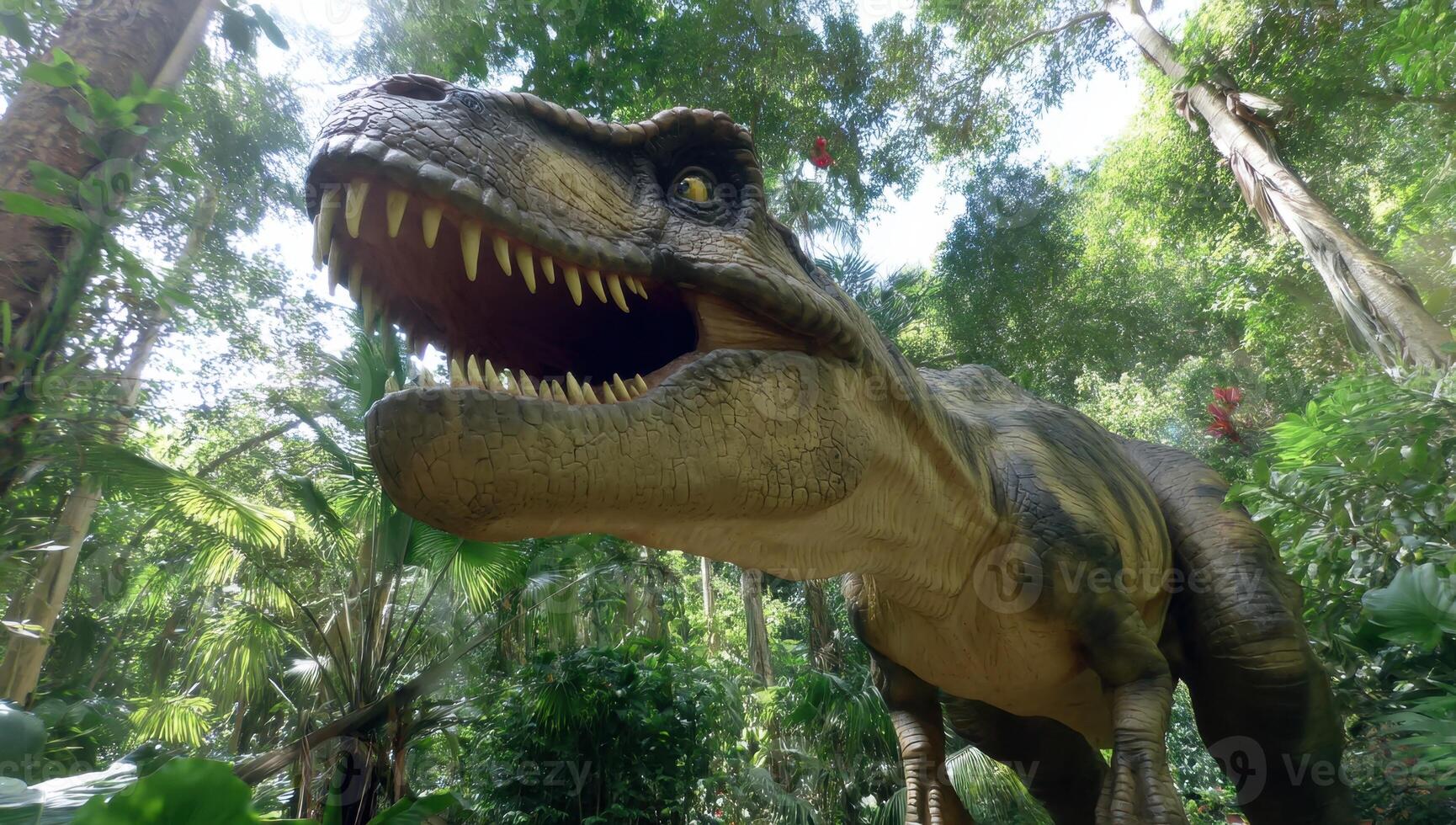 The Majestic Tyrannosaurus Rex Roams in a Lush Prehistoric Jungle Scene photo