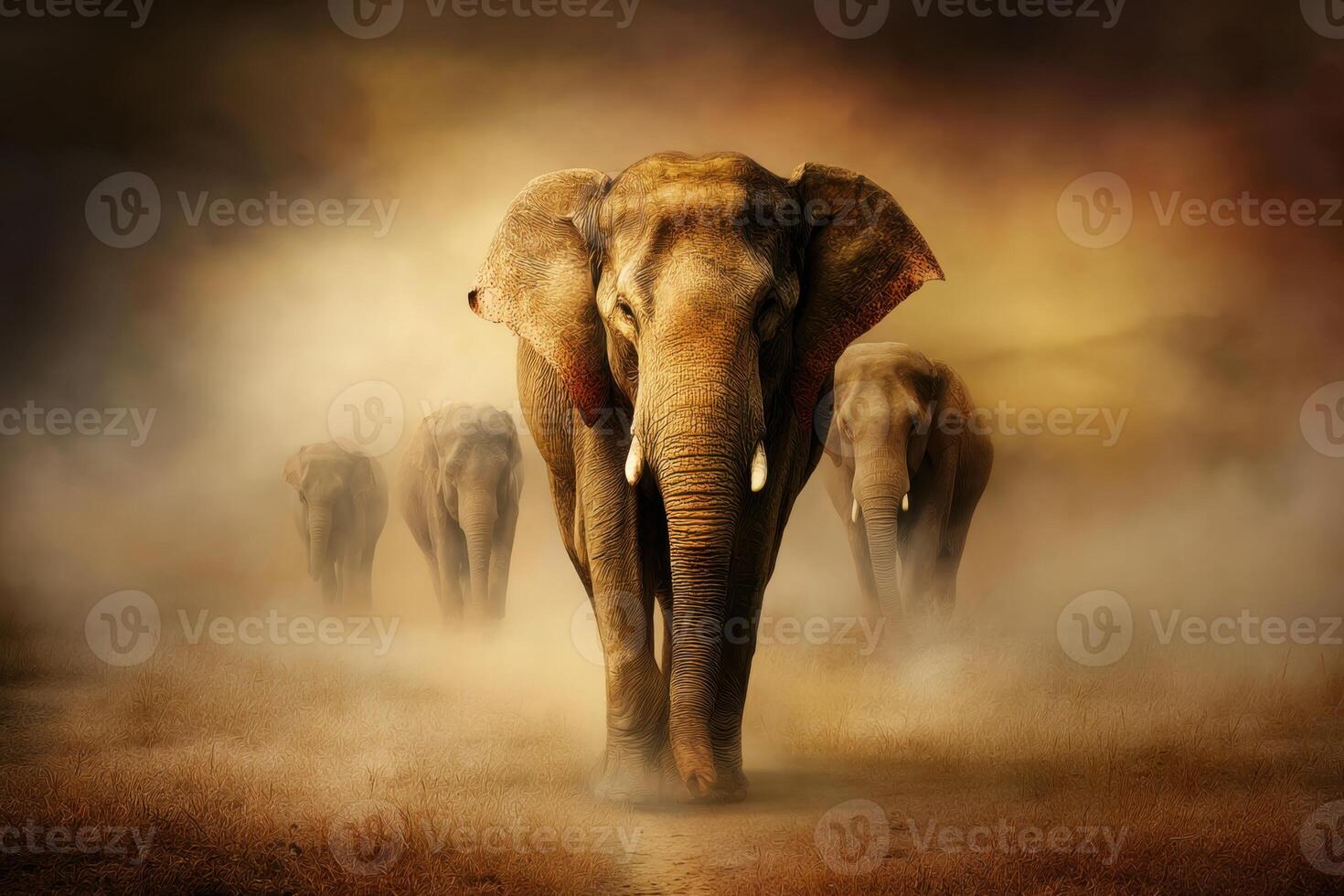 A Journey of Mighty Elephants Through a Dusty Landscape in the Wild photo