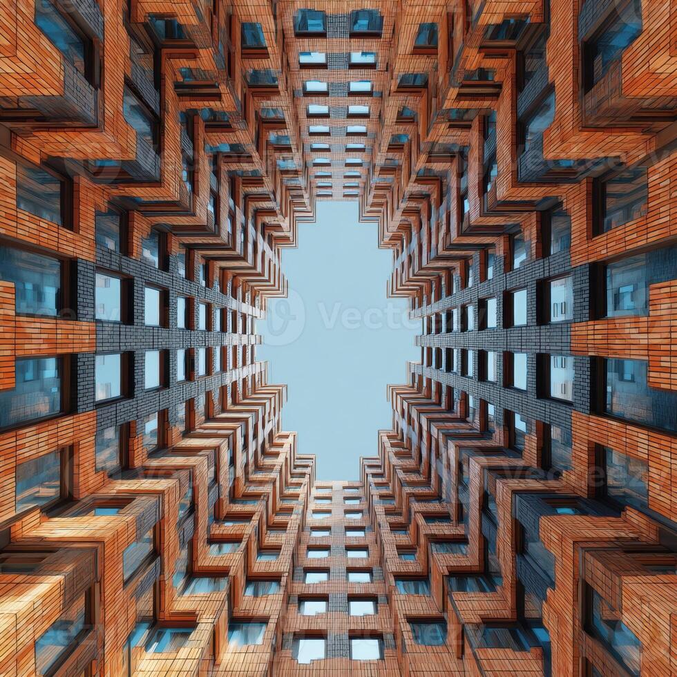 The sky is looking up at a building in a city photo