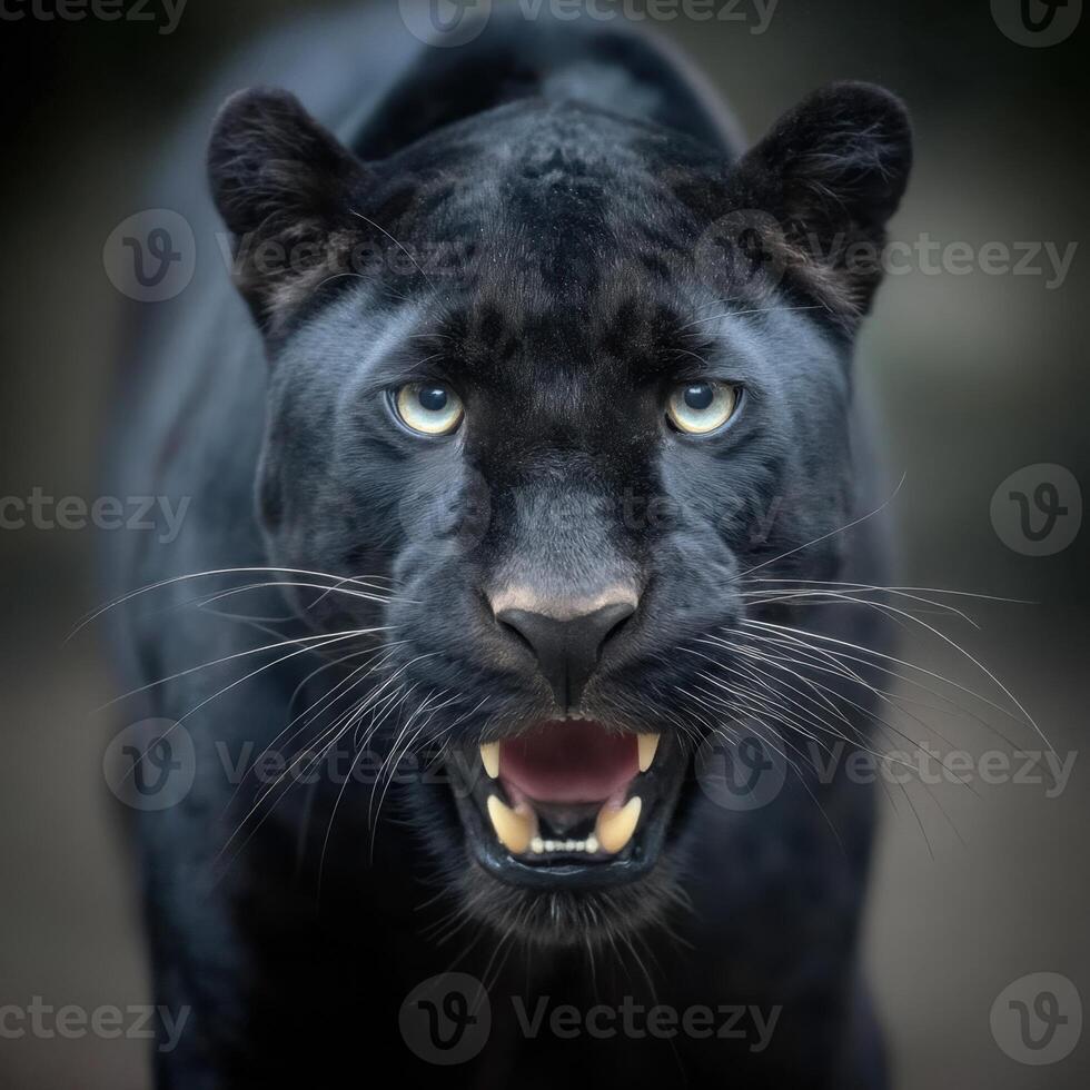 A black panther with its mouth open photo