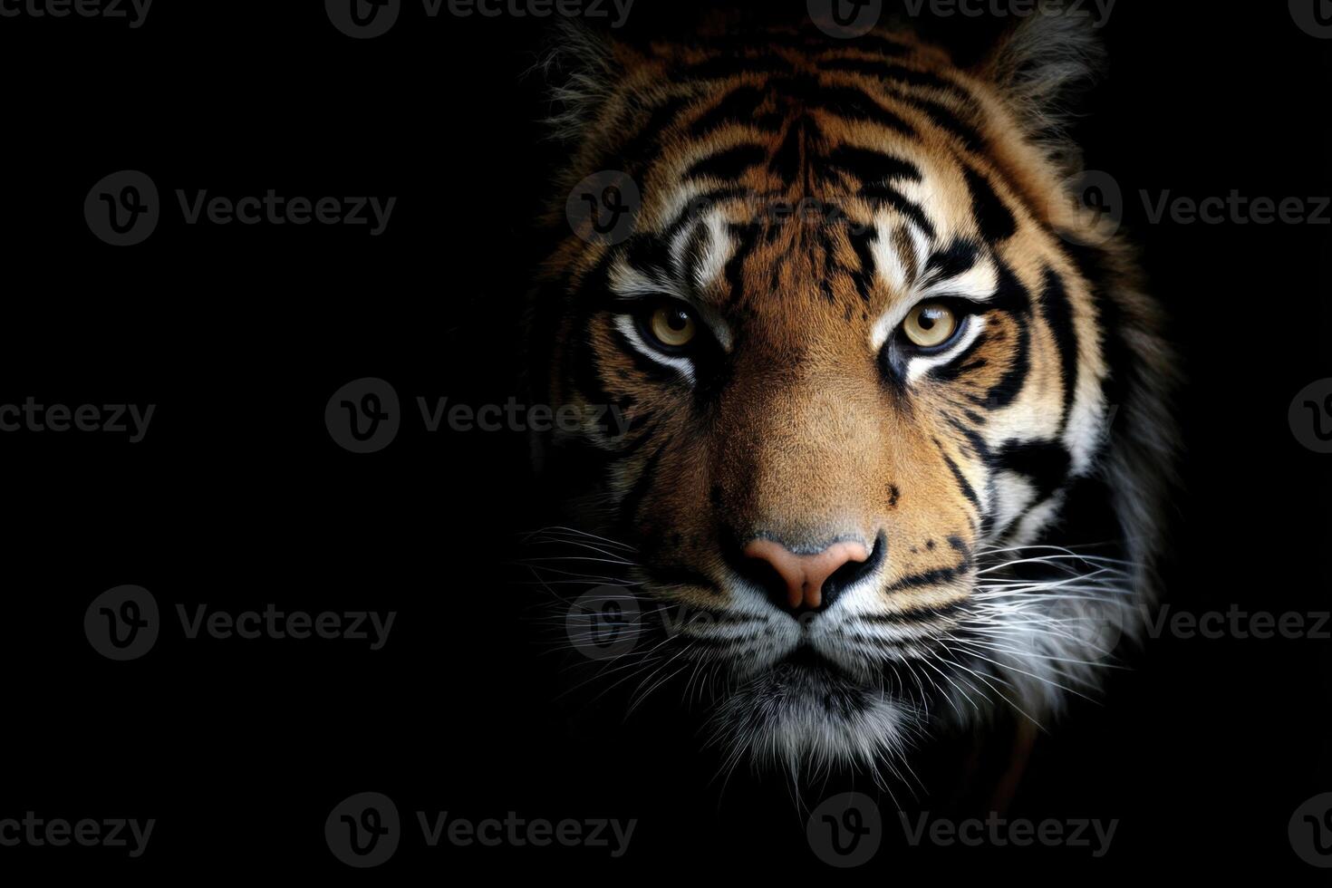 A tiger is looking at the camera in the dark photo