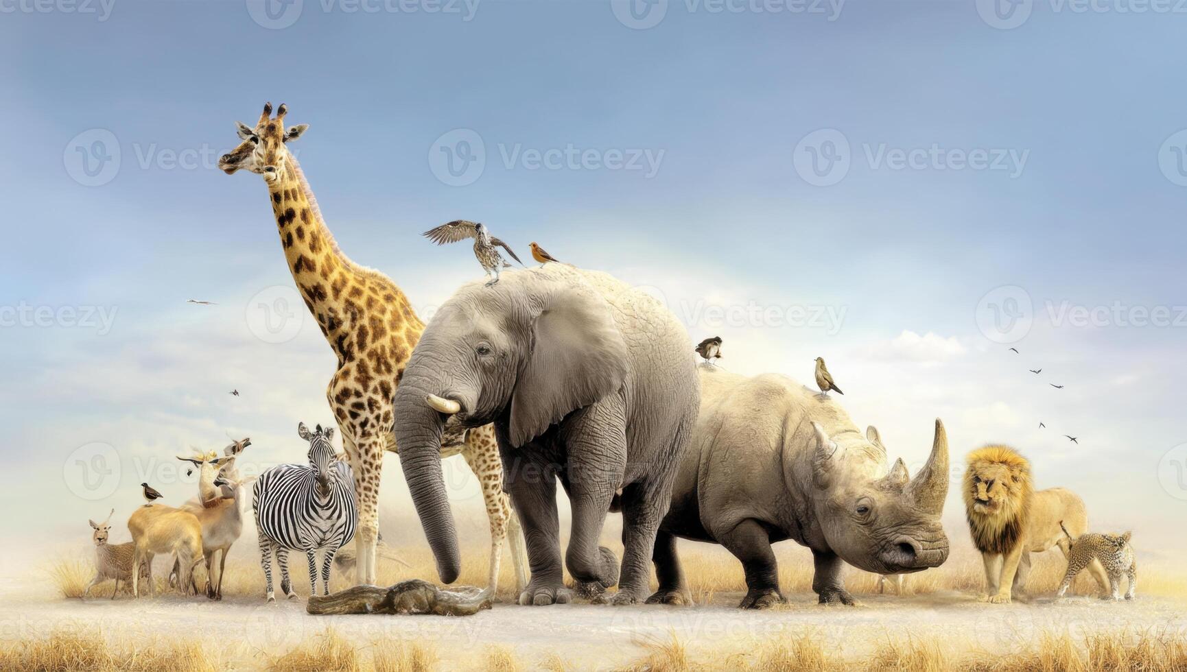 A group of animals standing in the desert photo