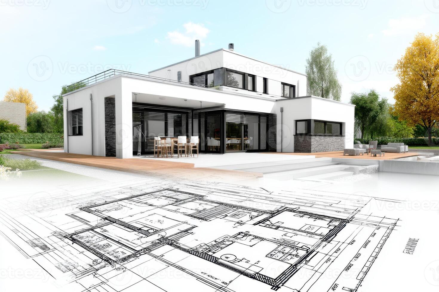 Architectural drawing of a modern house with a view of the garden photo