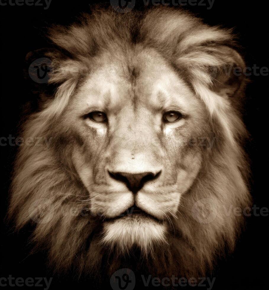 A lion is shown in sepia tone photo