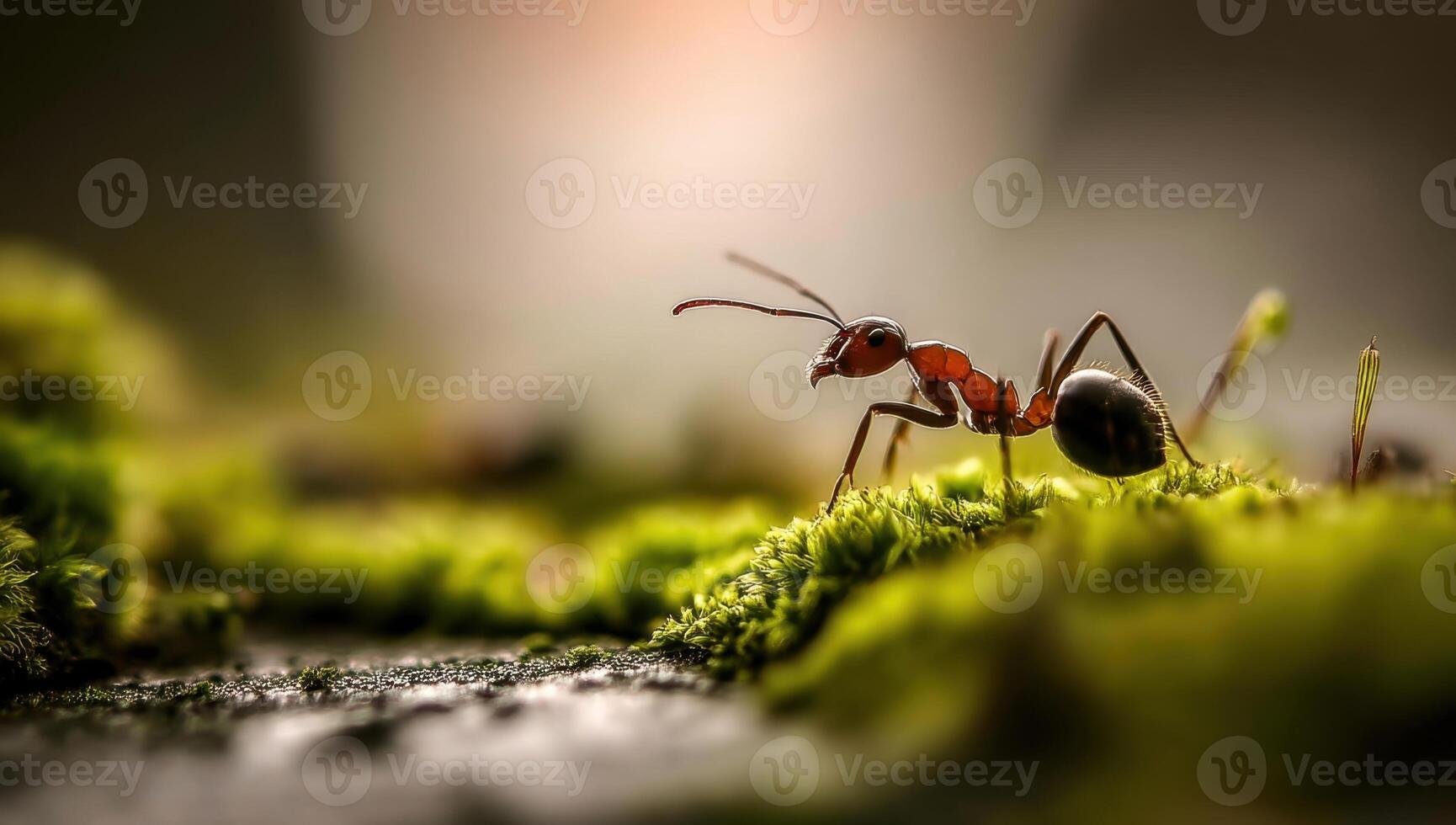 A small ant is walking on a moss covered ground photo