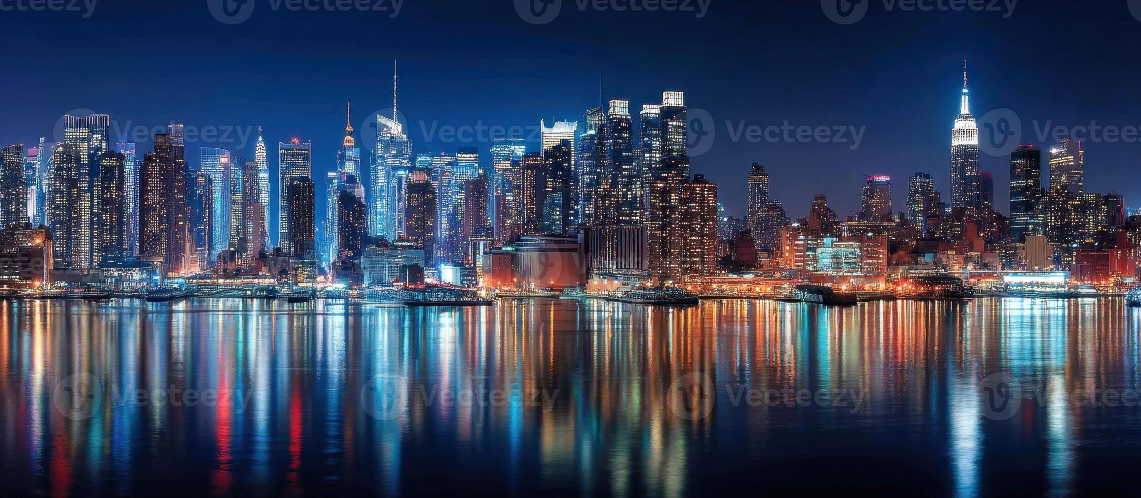 City Skyline at Night Water Reflection Dark Sky photo